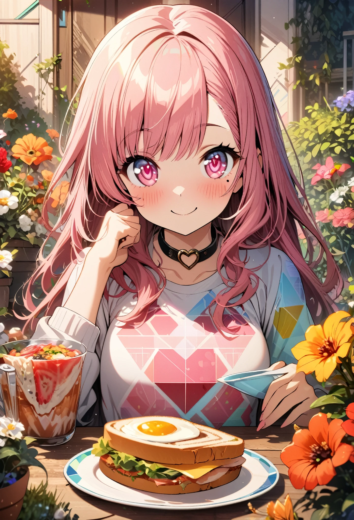 1 girl, long pink hair, heart-shaped eyes, {girl with medium-long pink hair, name Nami}, (pink eye color), {breakfast, fried egg, sandwich, coffee}, (smile), bright background , mole under eye, heart-shaped choker, (masterpiece, top quality), very detailed, top quality, official art, beautiful and aesthetic: 1.2), (1 girl), very detailed, (geometry art: 1.3) , colorful, most detailed one girl, symbol eyes, (garden, beautiful flowers)