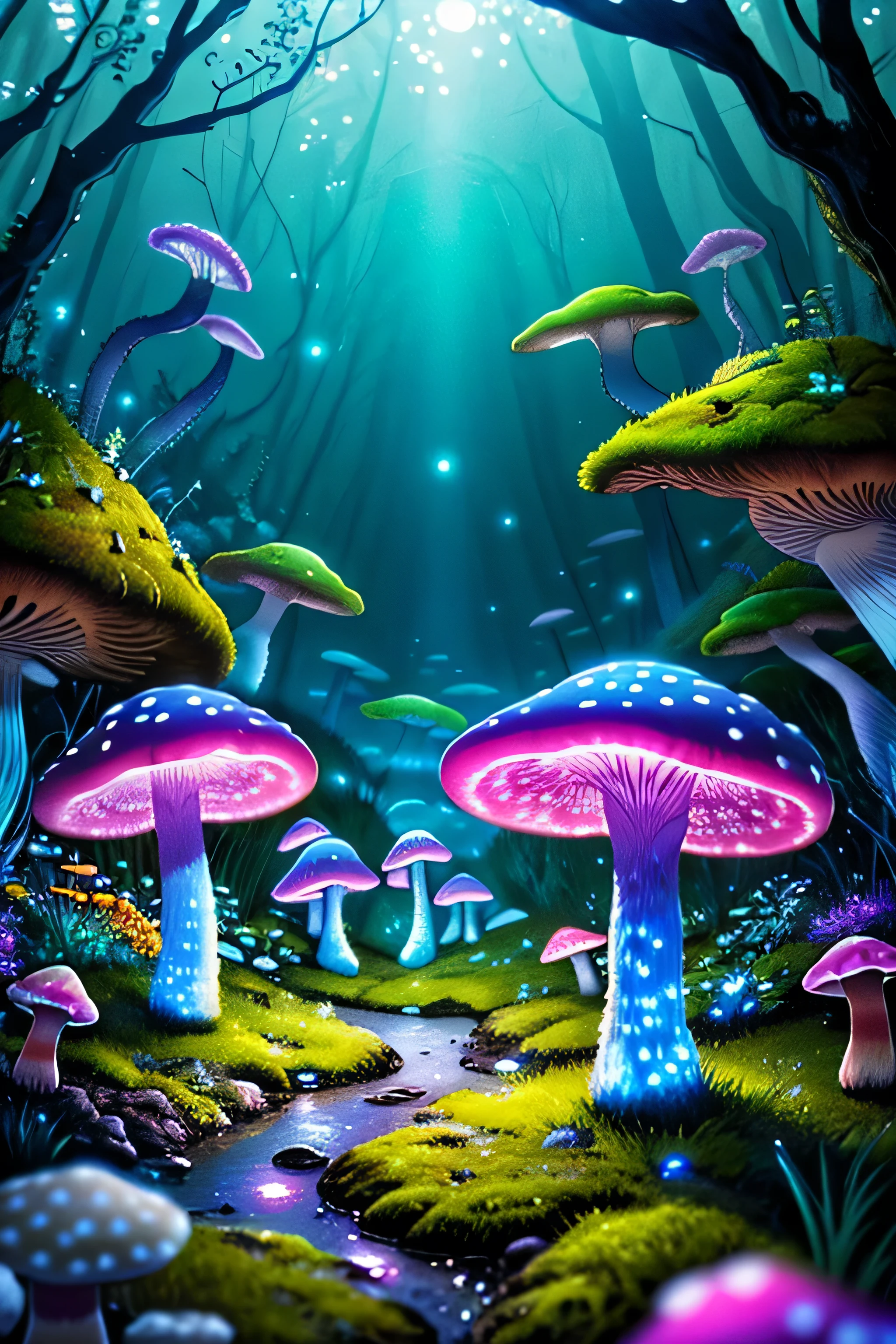 (Very detailed:1.2),(highest quality:1.2),8k,Sharp focus, (Scattered beneath the surface of the water:1.1)、Forest road、(Forest roadが長く続いている)、(Glowing magical bioluminescent mushrooms:1.2),psychedelic magic particles in the air, (neon bioluminescent mushroom forest at night:1.2), (magic firefly:1.2) (Very detailed trees、rocks and moss:1.2), (Very detailed background:1.3), roleplaying game, Eldon Ring Style, (Fantasy:1.3),(Surreal:1.1), (((night))), Cinema Lighting, Very detailed, Art Station,Smooth, Sharp focus, Types of bacteria, Greg Lutkoski, edited pick, trending on Art Station, Trending on deviantart, Knock me out, (Compared:0.4),