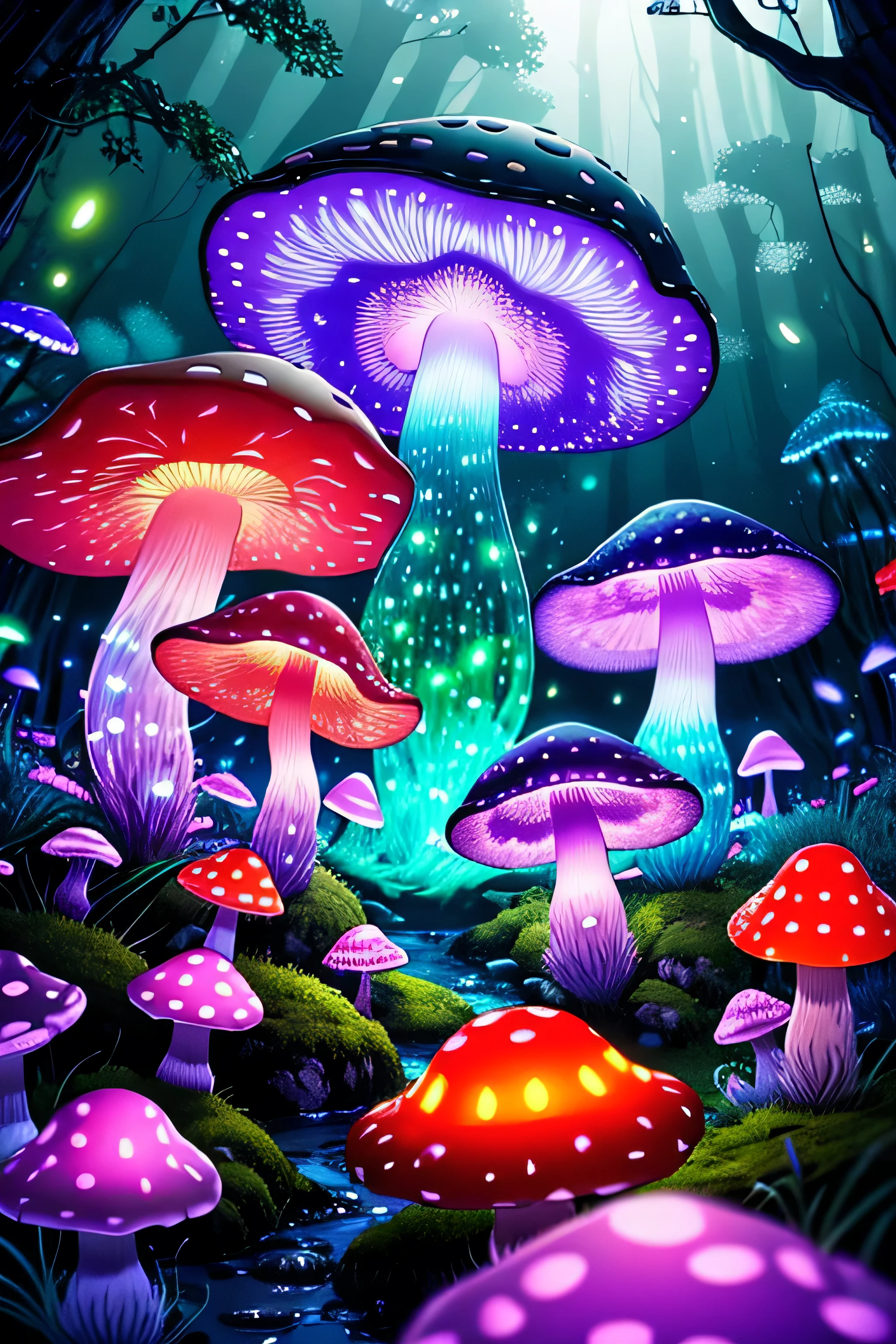 (Very detailed:1.2),(highest quality:1.2),8k,Sharp focus, (Scattered beneath the surface of the water:1.1)、Forest road、(Forest roadが長く続いている)、(Glowing magical bioluminescent mushrooms:1.2),psychedelic magic particles in the air, (neon bioluminescent mushroom forest at night:1.2), (magic firefly:1.2) (Very detailed trees、rocks and moss:1.2), (Very detailed background:1.3), roleplaying game, Eldon Ring Style, (Fantasy:1.3),(Surreal:1.1), (((night))), Cinema Lighting, Very detailed, Art Station,Smooth, Sharp focus, Types of bacteria, Greg Lutkoski, edited pick, trending on Art Station, Trending on deviantart, Knock me out, (Compared:0.4),