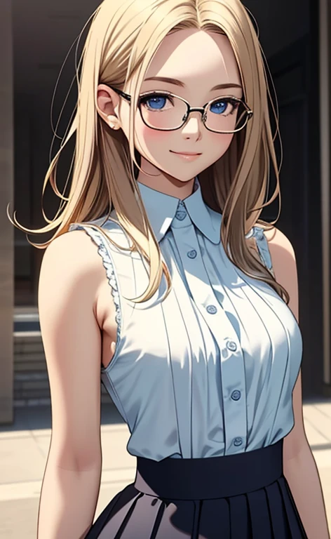 (masterpiece:1.4、top-quality、illustration:1.4,realistic、)、(character focus、breast focus,upper body:1.3)、(1girl),(clear face:1.3),(half closed eyes),cute face,blue eyes、()、
,(stand:1.4),(Shining smile),
,(slender),(sleeveless white blouse,very short pleated miniskirt:1.3),
(black long hair:1.6,forehead,),(glasses), (small breasts:1.3)、
、slender、