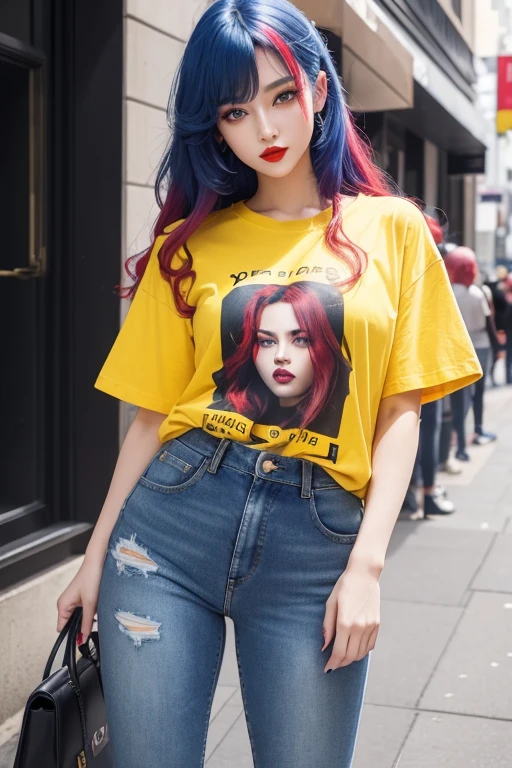 High quality(face+yellow eyes+red lips), longest blue hair(huge +very ),a woman wear clothes ( T-shirt +jeans+shoes), perfect face