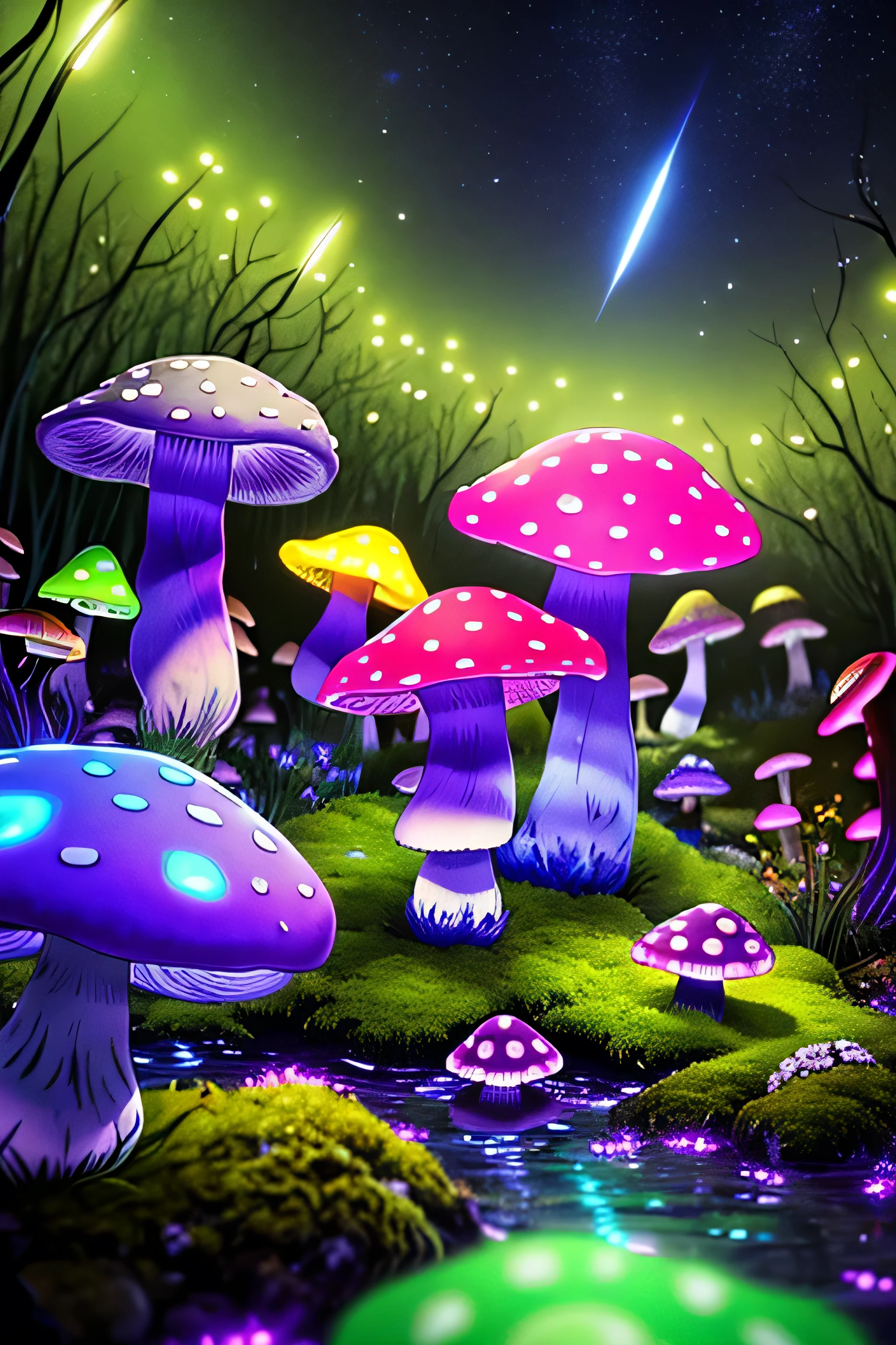 (Very detailed:1.2),(highest quality:1.2),8k,Sharp focus, (Scattered beneath the surface of the water:1.1)、Forest road、(Forest roadが長く続いている)、(Glowing magical bioluminescent mushrooms:1.2),psychedelic magic particles in the air, (neon bioluminescent mushroom forest at night:1.2), (magic firefly:1.2) (Very detailed trees、rocks and moss:1.2), (Very detailed background:1.3), roleplaying game, Eldon Ring Style, (Fantasy:1.3),(Surreal:1.1), (((night))), Cinema Lighting, Very detailed, Art Station,Smooth, Sharp focus, Types of bacteria, Greg Lutkoski, edited pick, trending on Art Station, Trending on deviantart, Knock me out, (Compared:0.4),