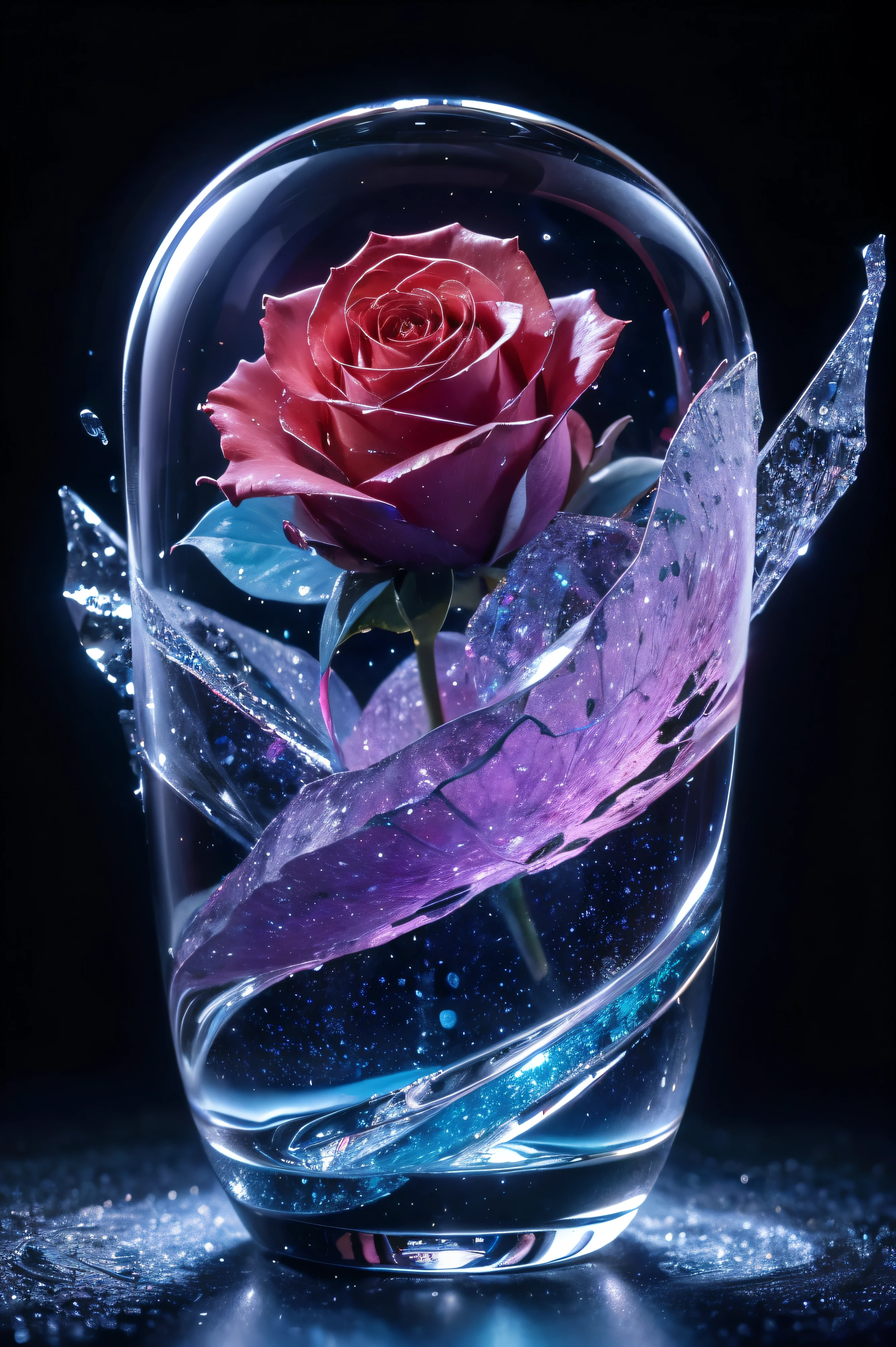 8K,Best quality, masterpiece, ultra high res, 1 big colorful rose, rose  is floating in galaxy, All petals different colors, crystallization flower,ice theme, starry sky, 