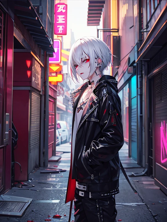 night　Downtown alley　Neon lights are shining　The white clothes are splattered with blood.　insanity　White Hair　Red eyes　Multiple piercings　He also has eyebrow piercings　bloodstains on the ground　There&#39;s blood on my cheek　Handsome　youth　In his right hand he holds a bloody knife　Complementary Color　Mysterious atmosphere　Bright colors　choker　Has a tattoo on his neck