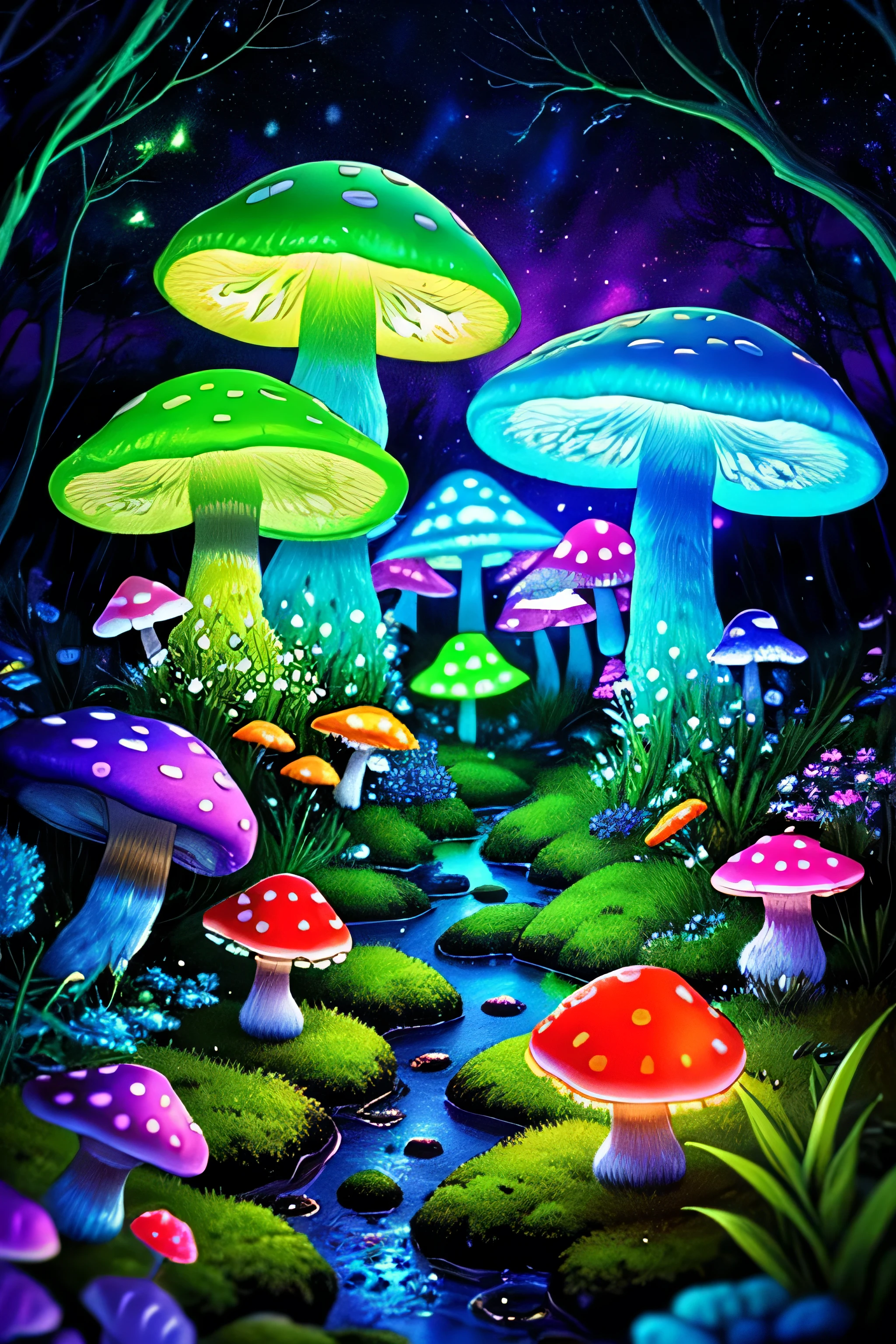 (Very detailed:1.2),(highest quality:1.2),8k,Sharp focus, (Scattered beneath the surface of the water:1.1)、Forest road、(Forest roadが長く続いている)、(Glowing magical bioluminescent mushrooms:1.2),psychedelic magic particles in the air, (neon bioluminescent mushroom forest at night:1.2), (magic firefly:1.2) (Very detailed trees、rocks and moss:1.2), (Very detailed background:1.3), roleplaying game, Eldon Ring Style, (Fantasy:1.3),(Surreal:1.1), (((night))), Cinema Lighting, Very detailed, Art Station,Smooth, Sharp focus, Types of bacteria, Greg Lutkoski, edited pick, trending on Art Station, Trending on deviantart, Knock me out, (Compared:0.4),
