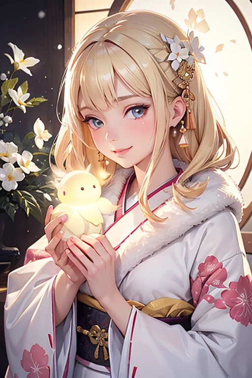 Very detailed CG Unity 8K wallpaper, Cute One lady, Mature blonde lady ,beautiful  lady, pale skin (Super masterpiece, Beautiful person, well detailed face polluted smile,  Photorealistic, hyper realisitic), Colorful winter kimono in gold and white colors、(white fur)、Japanese Style Hair Accessories、smile、Japanese background with pink flowers and snow、Portrait、Light blue eye、flat chest、(Glowing Skin:1.7)