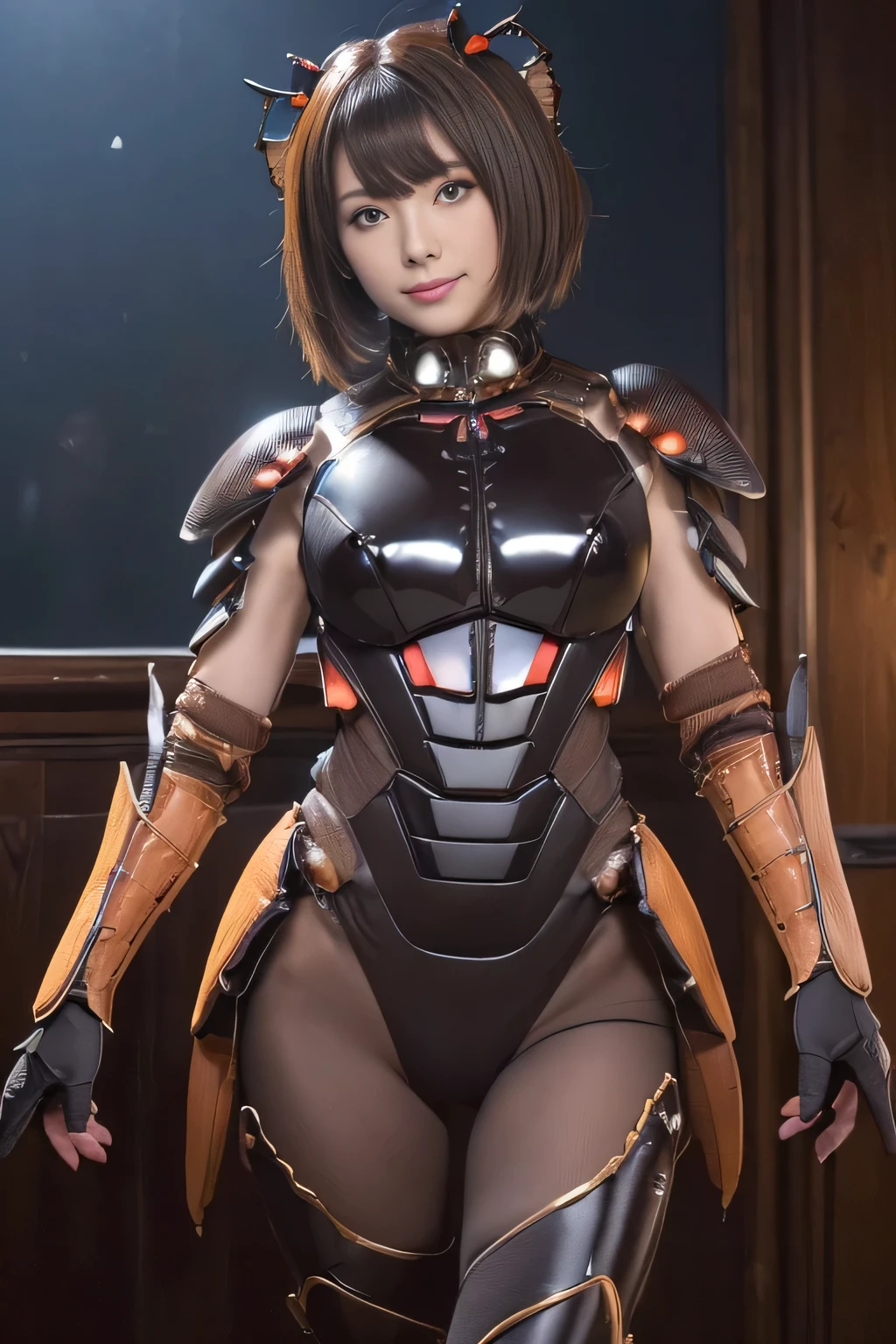 (high resolution,masterpiece,best quality,extremely detailed CG, anime, official art:1.4), realistic, photo, amazing fine details, all intricate, gloss and shiny,awesome many layers, 8k wall paper, 3d, sketch, kawaii, illustration,( solo:1.4), perfect female proportion,villainess, (fusion of dark brown cockroach and lady:1.4), (brown cockroach form lady:1.2), (brown cockroach lady:1.2), (fusion:1.2), (solo:1.4), (evil smile:1.2), muscular, abs, (cockroach brown exoskeleton bio insect suit:1.4), (cockroach brown exoskeleton bio insect armor:1.2), (brown transparency cockroach wing:1.4), (brown cockroach antennae:1.3),