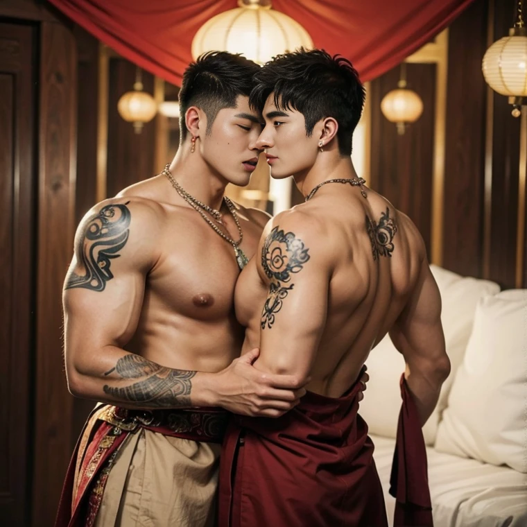 ( safe for work),Two handsome boys kissing, smiling at each other,hugging, kissing, touching lips, cuddle, romantic,skin ship, Chinese Men God, Mythology, realistic, Chinese odyssy, super Handsome,manly, kpop idol, handsome korean actor, 20 years old,, detailed face, manly jawline, detailed mess curly styling hair, Topless, Muscles, big breast Athlete body, Full Frame,full body shoots, realistic, human skin, tattoo breast, Professional studio Lighting, long red tibet wedding Outfit, jade and golden pendent all over , detailed jewery in dress, big bulge, earings,Chinese ancient wedding Background,out door, super detailed background,look at camera , open mouth, thin Underneathe Underwear, tibet Warrior, Hanfu red wedding dress, tibet Male, tibet Nobel, Seduce , bare chest , tattoo chest, tattoo arms, tattoo hands, tattoo back, tattoo legs , tattoo belly, big juicy butts,