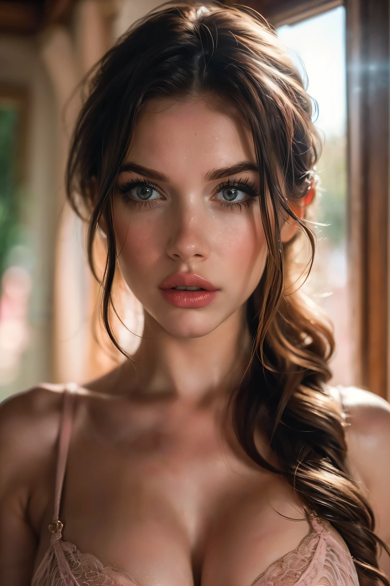 (((Ultra-realistic))) photograph, masterpiece, highest quality, (Pale skin), (very detailed face and eyes:1.3),hull body、 1 girl, Adult, Deep neckline, (eye make up, mascara) , ((Big and thin lips)), ((Pink wavy hair)), ((Chorka)) , ((Natural Breasts)). ((Pause)), photograph撮影, studio ((Lun Guoguang)), (Play of light and shadow), Depth of written boundary, Bokeh, (Pay special attention to the details of your skin: 1.2), (The light feel of the frame, pastel colour), , Super detailed,