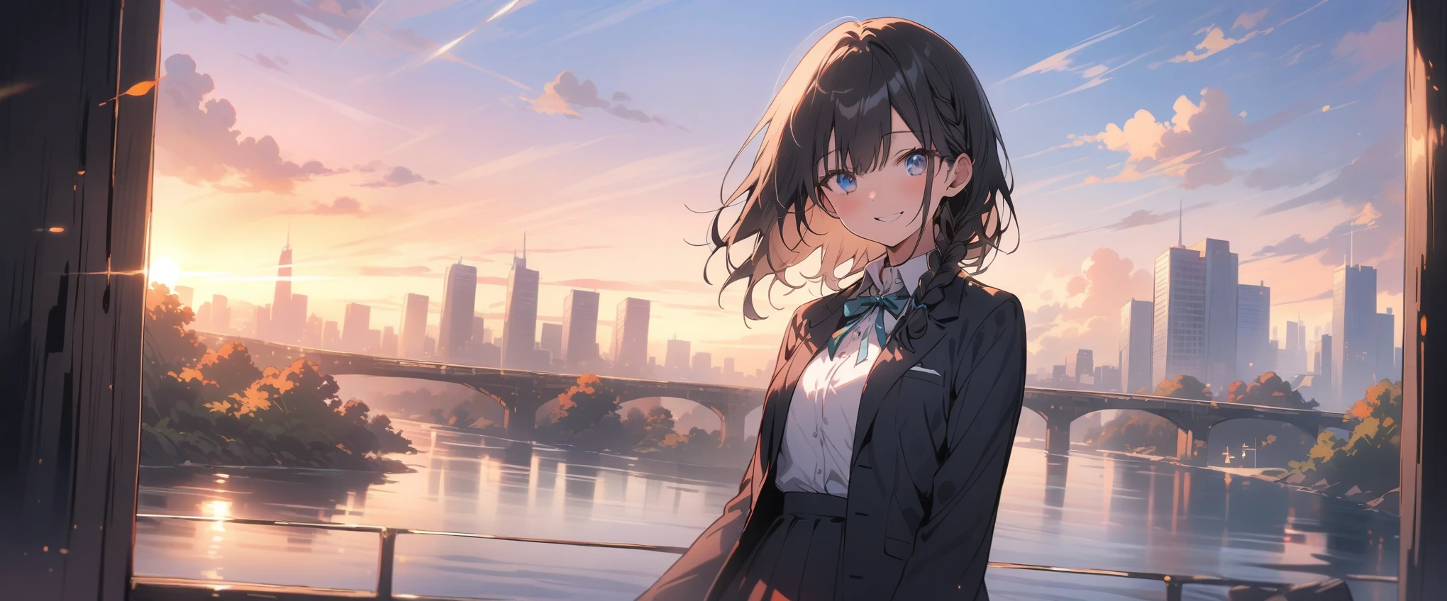 (masterpiece, 最high quality:1.2), Everyday Scenes, Movie Scenes, only one girl、One girl(high quality, Breathtaking),(Delicate eyes, 最high qualityな顔), sunset、Cowboy Shot,Close your eyes and smile、Black hair × Blue eyes、fish-bone braid hair、Black long sleeve blazer,Black pleated skirt、Knee-high socks、loafers