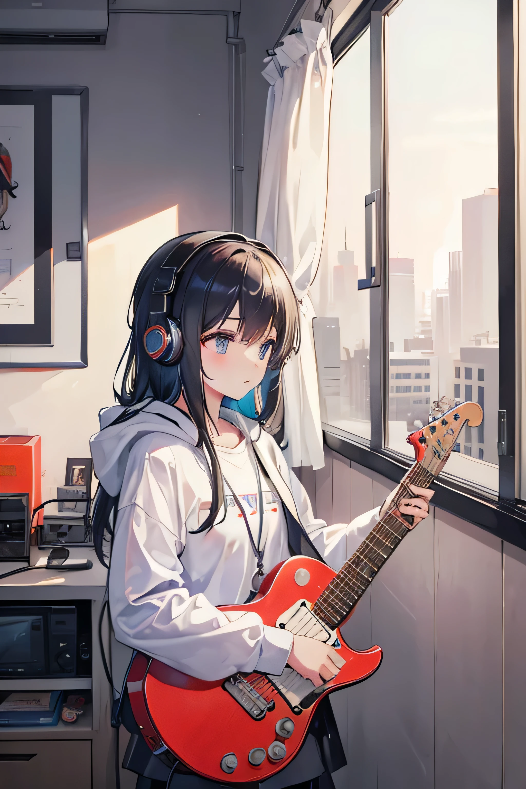 A girl with headphones on and looking outside with a guitar in the room. Outside, it&#39;s evening.