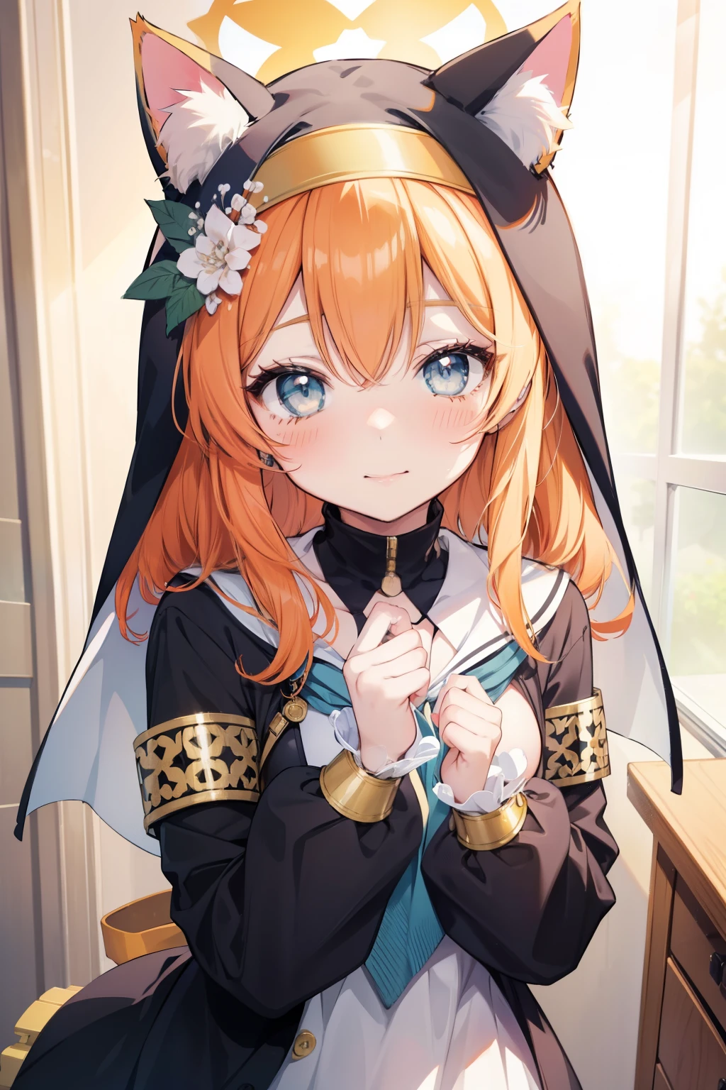 Marie Iraki、Good looking girl (blush, Perfect Face), independent , Looking at the camera, masterpiece, Anime art style, Cute Characters, Most detailed, high quality、Nico Nico Smile、Cat ear、Orange Hair、****ta、Small breasts、uniform、Hooded、Association