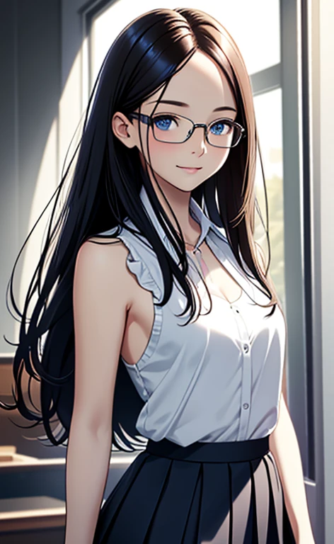 (masterpiece:1.4、top-quality、illustration:1.4,realistic、)、(character focus、breast focus,upper body:1.3)、(1girl),(clear face:1.3),(half closed eyes),cute face,blue eyes、()、
,(stand:1.4),(Shining smile),
,(slender),(sleeveless white blouse,very short pleated miniskirt:1.3),
(black long hair:1.6,forehead,),(glasses), (small breasts:1.3)、
、slender、