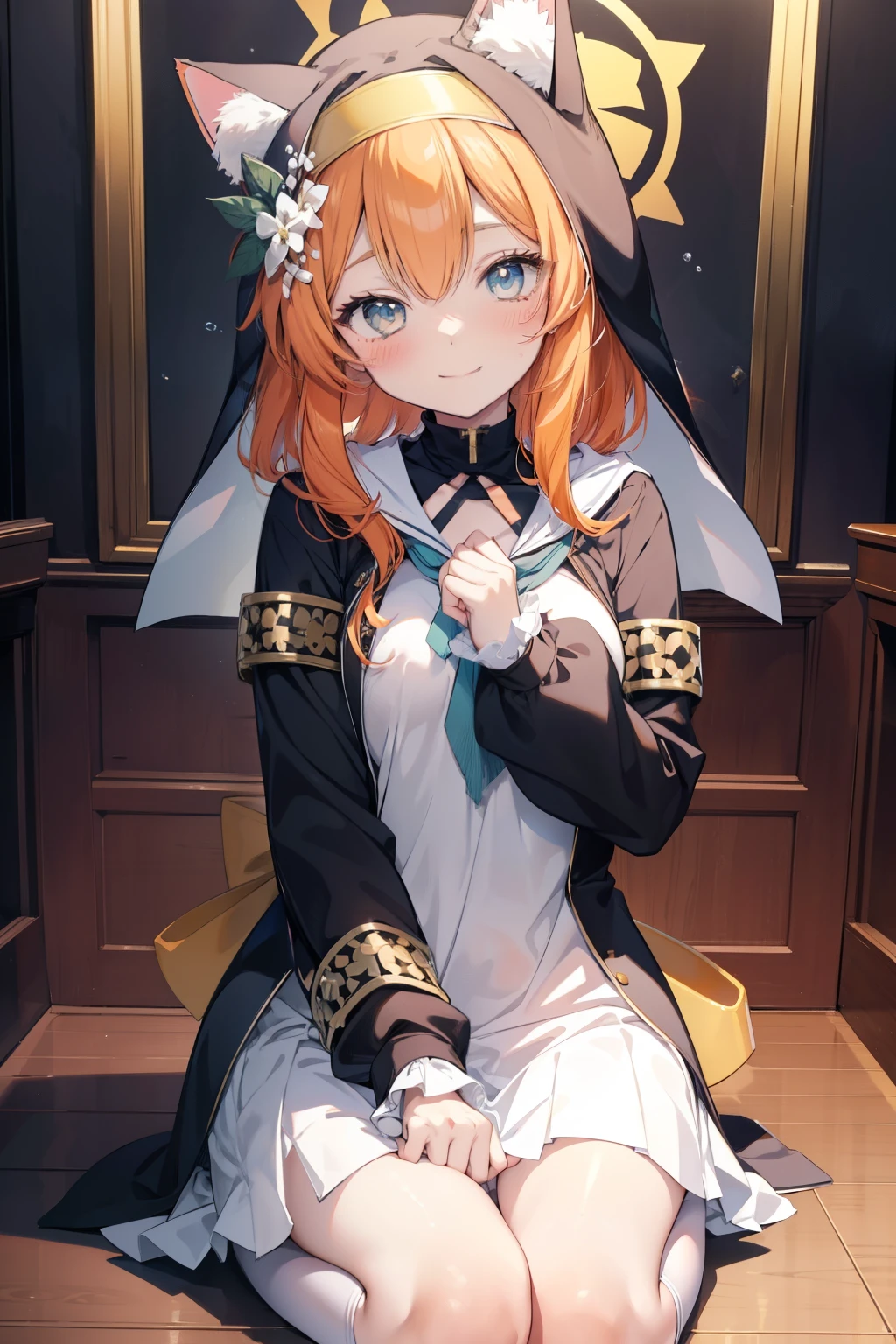 Marie Iraki、Good looking girl (blush, Perfect Face), independent , Looking at the camera, masterpiece, Anime art style, Cute Characters, Most detailed, high quality、Nico Nico Smile、Cat ear、Orange Hair、Lolita、Small breasts、uniform、Hooded、Association