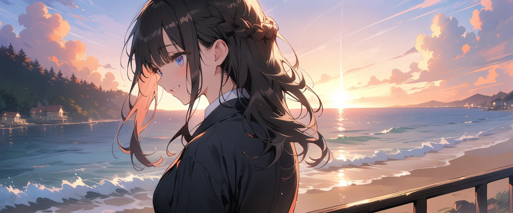 (masterpiece, 最high quality:1.2), Everyday Scenes, Movie Scenes, only one girl、One girl(high quality, Breathtaking),(Delicate eyes, 最high qualityな顔), sunset、Cowboy Shot,Close your eyes and smile、Black hair × Blue eyes、fish-bone braid hair、Black long sleeve blazer,Black pleated skirt、Knee-high socks、loafers
