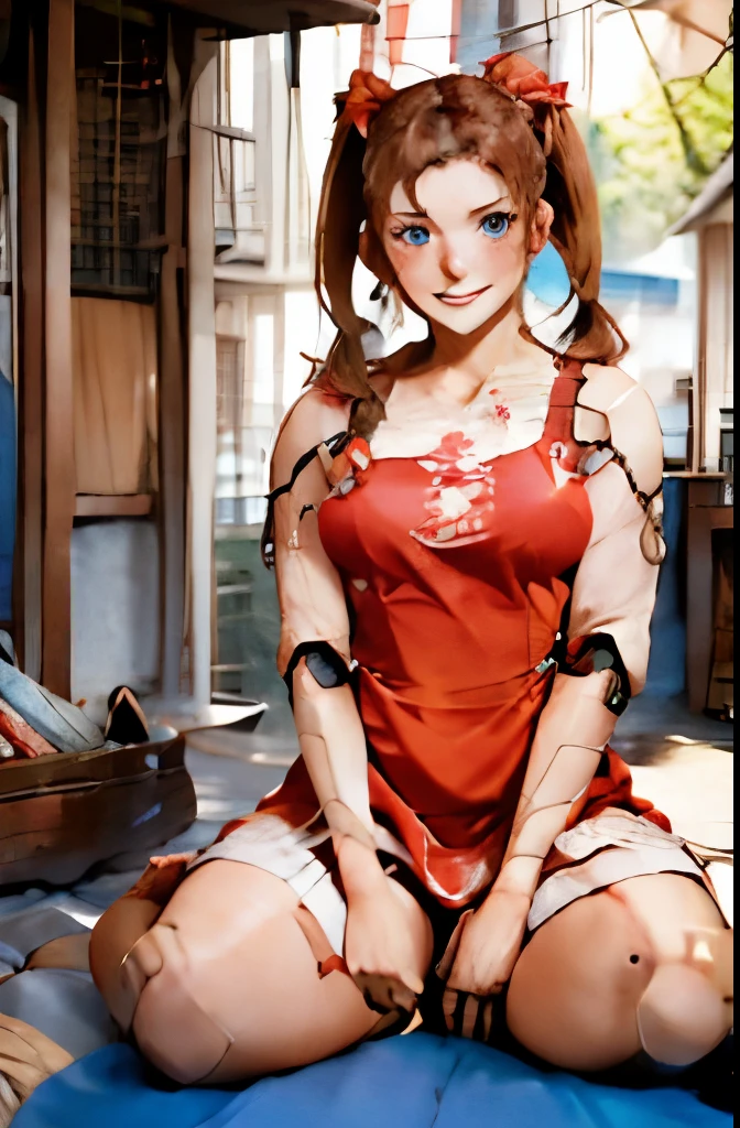 A Female robot is sleeping in tree, spread legs, nude, banzai pose. she wears no dress. She Brown short hair is tied with two big red clothespins, She lifts up the under hem of her white plain dress, leaning over, masterpiece, very short pigtails,brown hair, mature, android, blue eyes, full body figure, Height: 160cm, flushed cheeks, 2020s anime picture, A beautiful robot with short brown hair in two short pigtails held up by two very large huge red clothespins, Uplifting, No NSFW, whole body, barefoot, archaic smile, getting orgasm, 25 years old, sweat bucket.