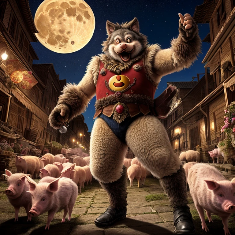 Wolf Man,full moon,Anpanman,Holding a Romanesco,Fighting with pigs