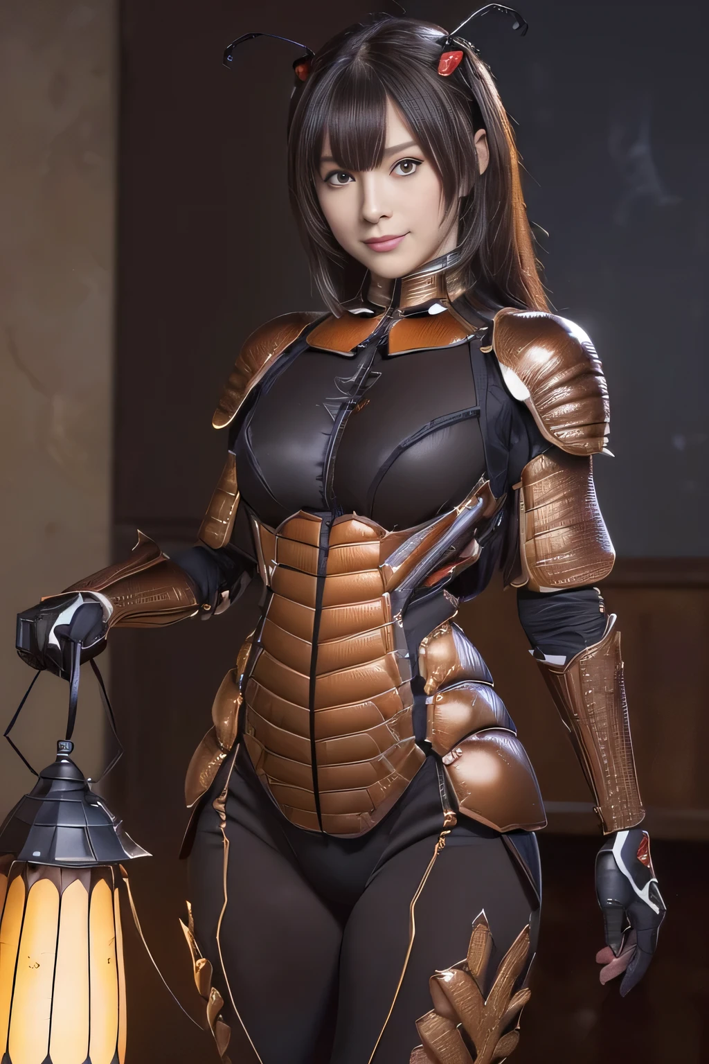 (high resolution,masterpiece,best quality,extremely detailed CG, anime, official art:1.4), realistic, photo, amazing fine details, all intricate, gloss and shiny,awesome many layers, 8k wall paper, 3d, sketch, kawaii, illustration,( solo:1.4), perfect female proportion,villainess, (fusion of dark brown cockroach and lady:1.4), (brown cockroach form lady:1.2), (brown cockroach lady:1.2), (fusion:1.2), (solo:1.4), (evil smile:1.2), muscular, abs, (cockroach brown exoskeleton bio insect suit:1.4), (cockroach brown exoskeleton bio insect armor:1.2), (brown transparency cockroach wing:1.4), (brown cockroach antennae:1.3),