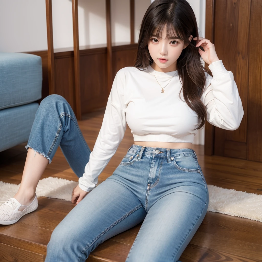 girl, blushing, shy, tight jeans, big , white seethrought top, sitting,coreano