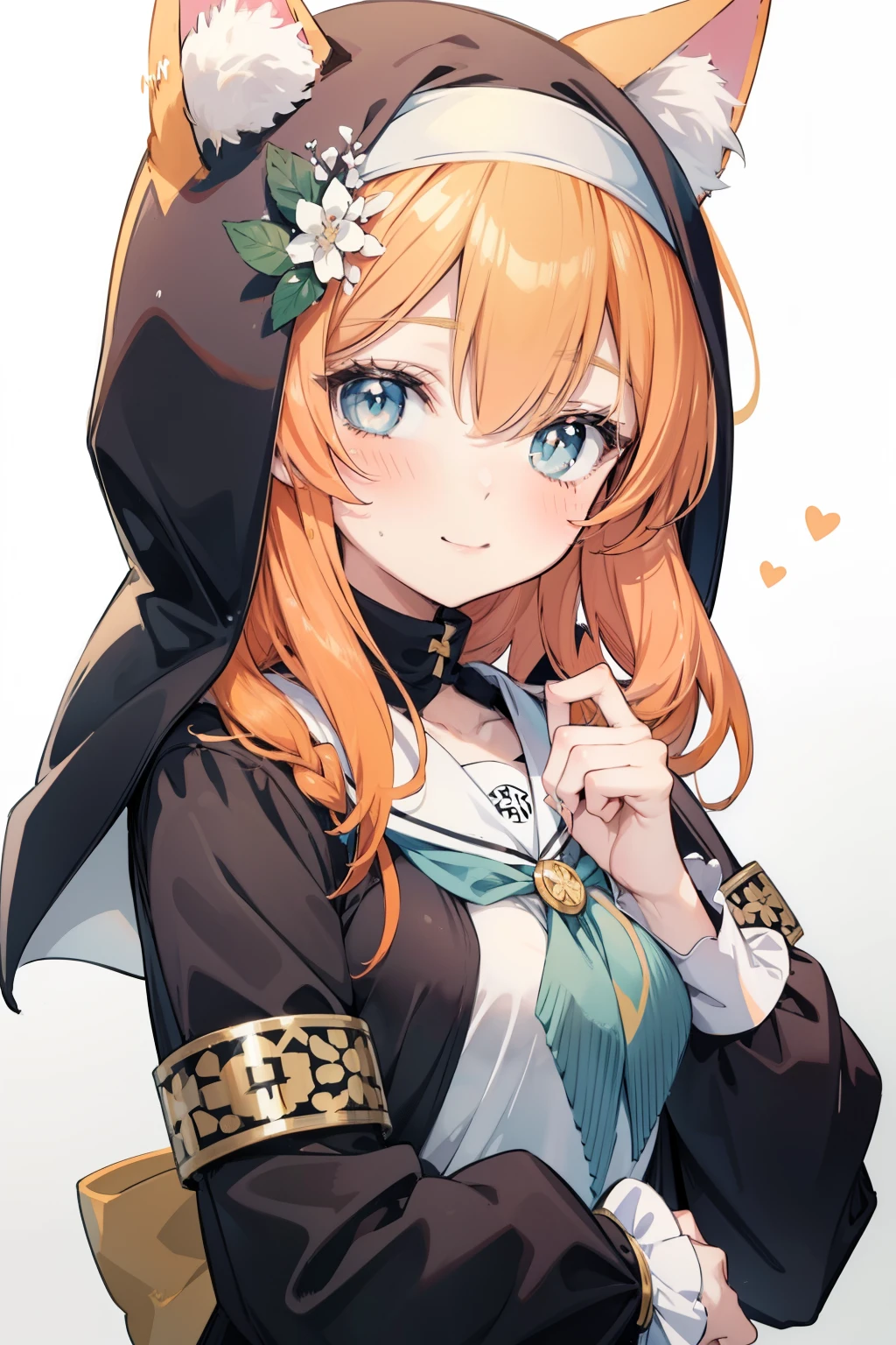 Marie Iraki、Good looking girl (blush, Perfect Face), independent , Looking at the camera, masterpiece, Anime art style, Cute Characters, Most detailed, high quality、Nico Nico Smile、Cat ear、Orange Hair、Lolita、Small breasts、uniform、Hooded、Association