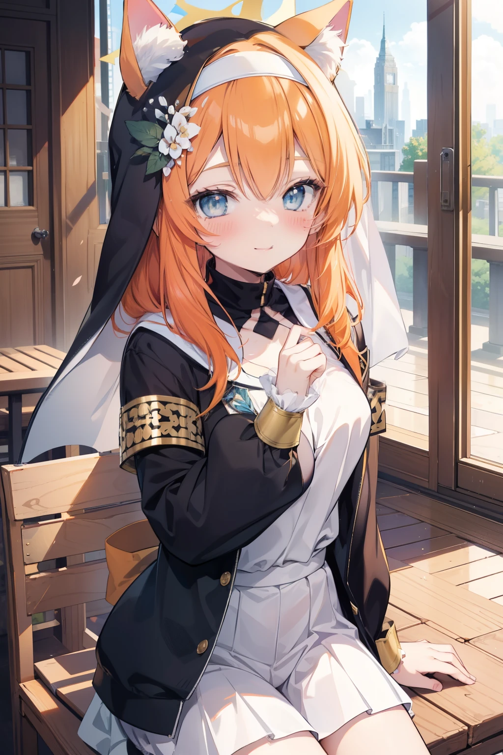 Marie Iraki、Good looking girl (blush, Perfect Face), independent , Looking at the camera, masterpiece, Anime art style, Cute Characters, Most detailed, high quality、Nico Nico Smile、Cat ear、Orange Hair、****ta、Small breasts、uniform、Hooded、Association