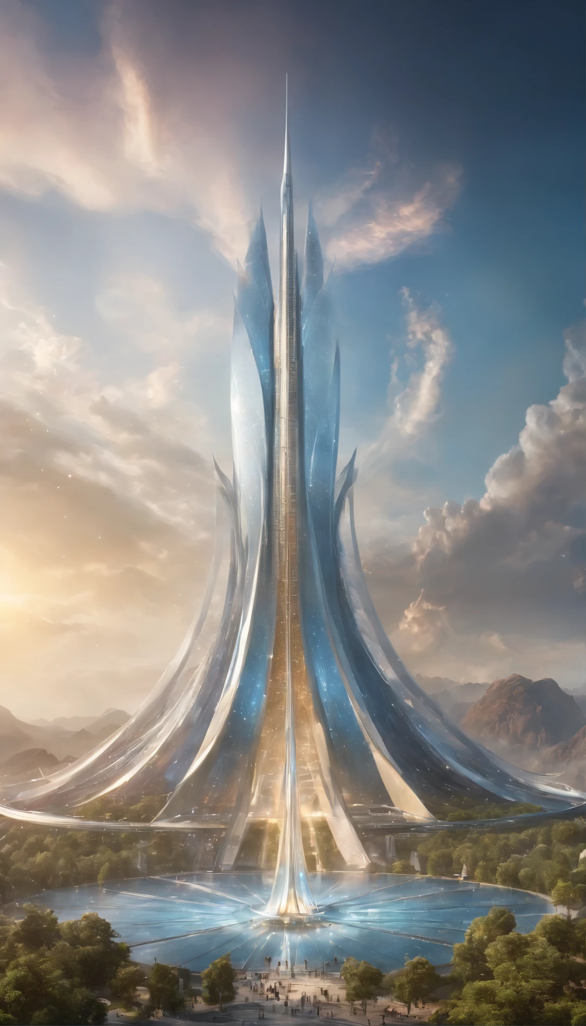 The ultimate sci-fi fantasy tower at the center of the universe、A breathtaking view unfolds。The towering, intricately designed structure shines in the colors of the rainbow、It spreads into the infinite universe。3D facets cover all surfaces、Each line and angle is perfectly defined.、Create ultra-realistic and detailed masterpieces。At the center of this magnificent universe、There is a majestic structure with wings。Its metallic luster、Reflecting the airy light particles swirling in the atmosphere、It flows down its surface in fascinating patterns.。The complex design of the structure、It demonstrates the ultimate fusion of technological capabilities.