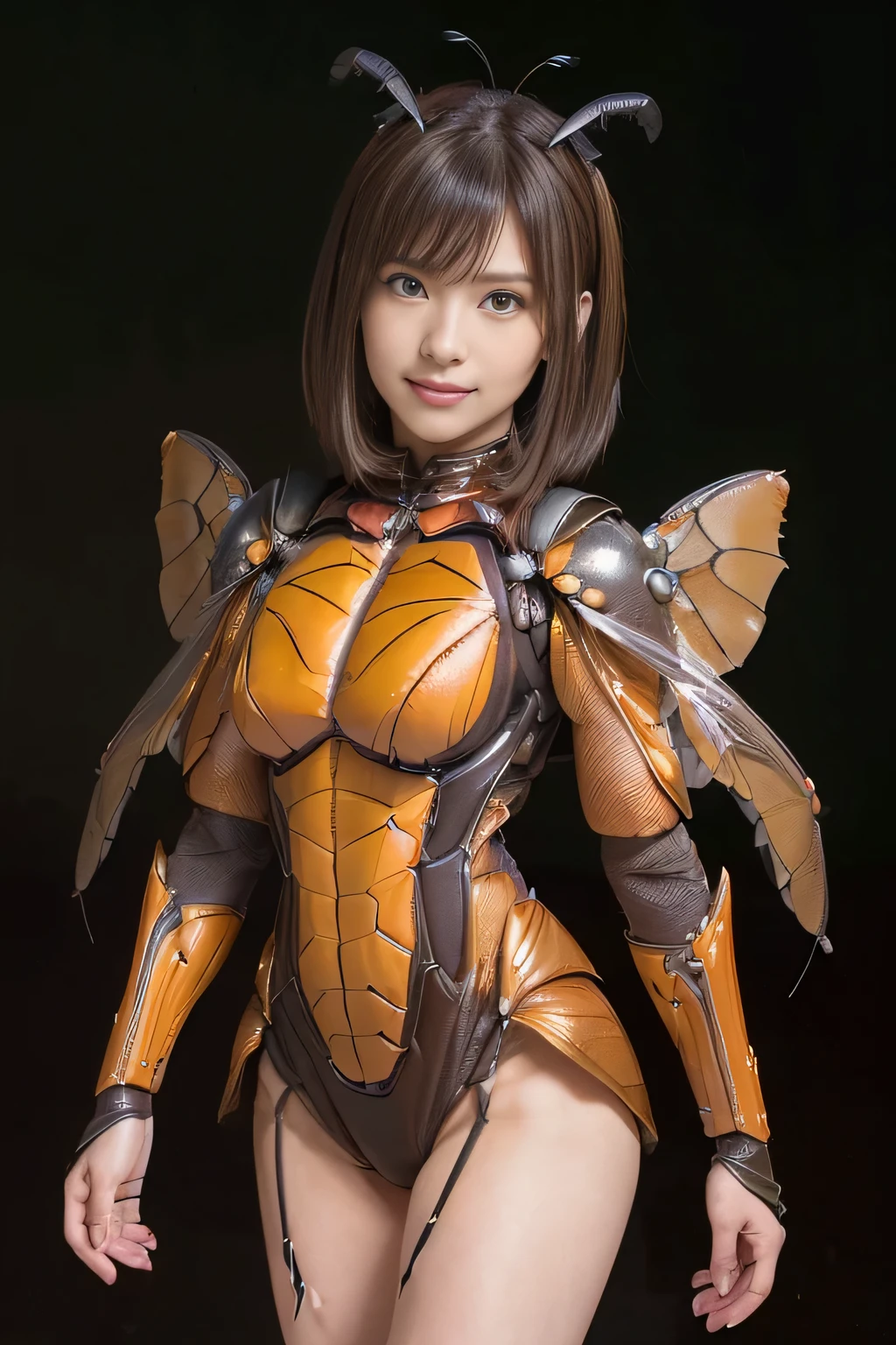 (high resolution,masterpiece,best quality,extremely detailed CG, anime, official art:1.4), realistic, photo, amazing fine details, all intricate, gloss and shiny,awesome many layers, 8k wall paper, 3d, sketch, kawaii, illustration,( solo:1.4), perfect female proportion,villainess, (fusion of dark brown cockroach and lady:1.4), (brown cockroach form lady:1.2), (brown cockroach lady:1.2), (fusion:1.2), (solo:1.4), (evil smile:1.2), muscular, abs, (cockroach brown exoskeleton bio insect suit:1.4), (cockroach brown exoskeleton bio insect armor:1.2), (brown transparency cockroach wing:1.4), (brown cockroach antennae:1.3),