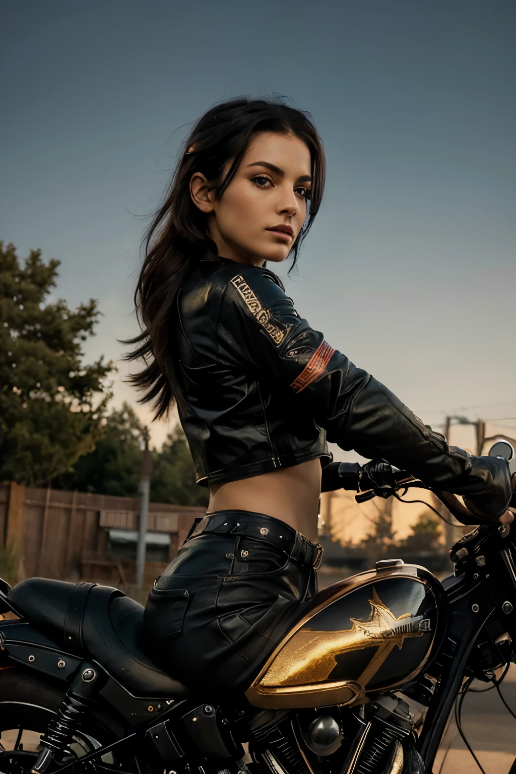 Albanian, girl, long brown hair, blue eyes, 40DD, beautiful, brunette, riding motorcycle, leather shirt dress, leather, showing butt, dripping wet, rain, riding, wet hair, water on skin, sexy