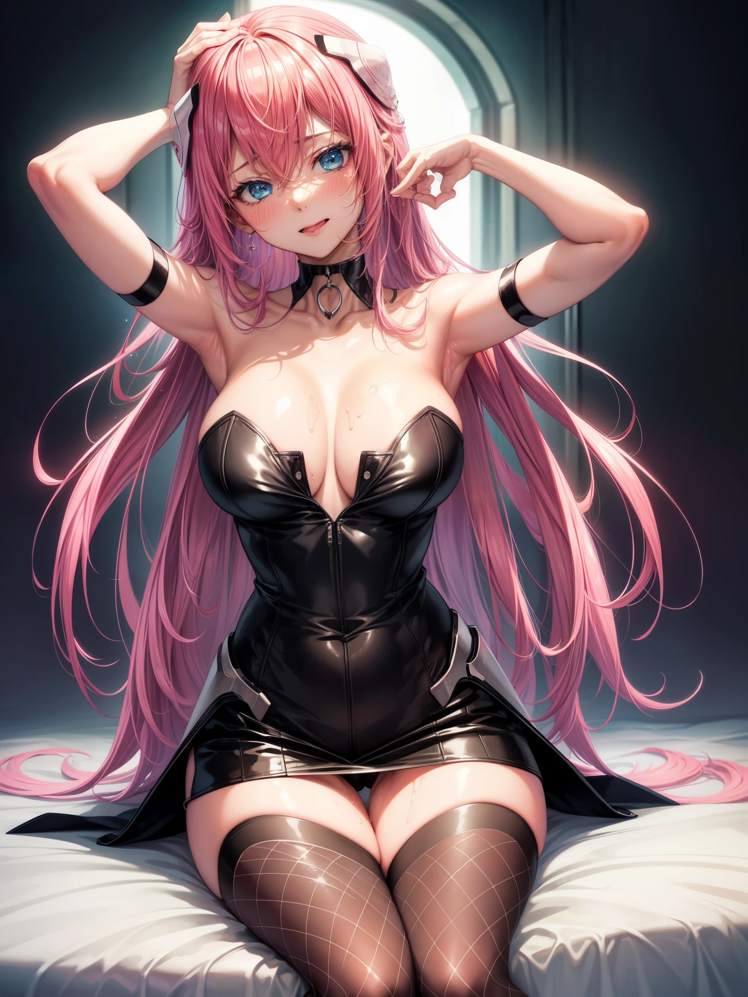 score_9、score_8_up、score_7_up、score_6_up、score_5_up、score_4_up、Digital Art、1 girl、Japanese、naked、smile、blush、Captivating aura、Pink Hair、blue eyes、Shining Eyes、Closed eyes、Open your mouth、Sticking out tongue、Wet tongue、saliva、Round Glasses、Super long messy hair、Fair skin、Narrow shoulders、38DD cup breasts、Firm breasts、Nipple piercing、one hand stroking the chest、One hand behind the head、Seductive décolleté、Deep valley、Flexible body、Wide Hips、Narrow waist、Curvy Thighs、A clear thigh gap、Leg spread、Dripping wet pussy、Climax expression、Orgasm Expression、Gothic choker、Fishnet tights、Curvy Round Ass、Sit on the pillow in bed、Open your eyes、Staring at the audience、eye contact、Very sweaty、Foggy、humid、It was foggy、Show me your side、Side view、Three primary colors、Evaluation、g0thicPXL、Shine、neon、humid霧の暗い背景、neonの背景、