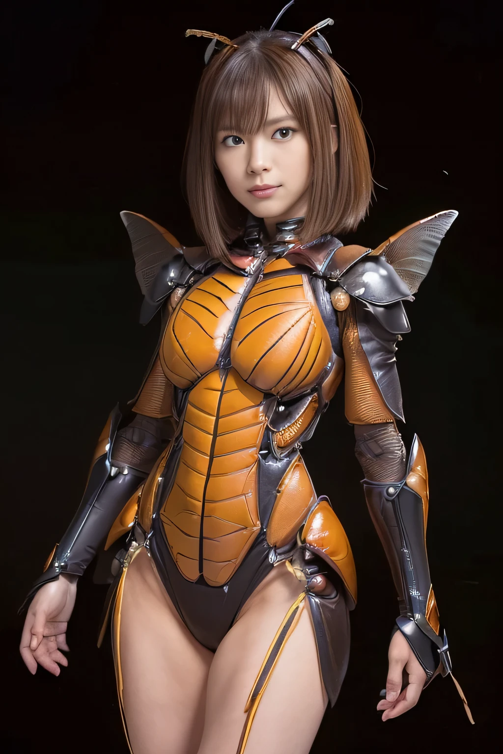 (high resolution,masterpiece,best quality,extremely detailed CG, anime, official art:1.4), realistic, photo, amazing fine details, all intricate, gloss and shiny,awesome many layers, 8k wall paper, 3d, sketch, kawaii, illustration,( solo:1.4), perfect female proportion,villainess, (fusion of dark brown cockroach and lady:1.4), (brown cockroach form lady:1.2), (brown cockroach lady:1.2), (fusion:1.2), (solo:1.4), (evil smile:1.2), muscular, abs, (cockroach brown exoskeleton bio insect suit:1.4), (cockroach brown exoskeleton bio insect armor:1.2), (brown transparency cockroach wing:1.4), (brown cockroach antennae:1.3),