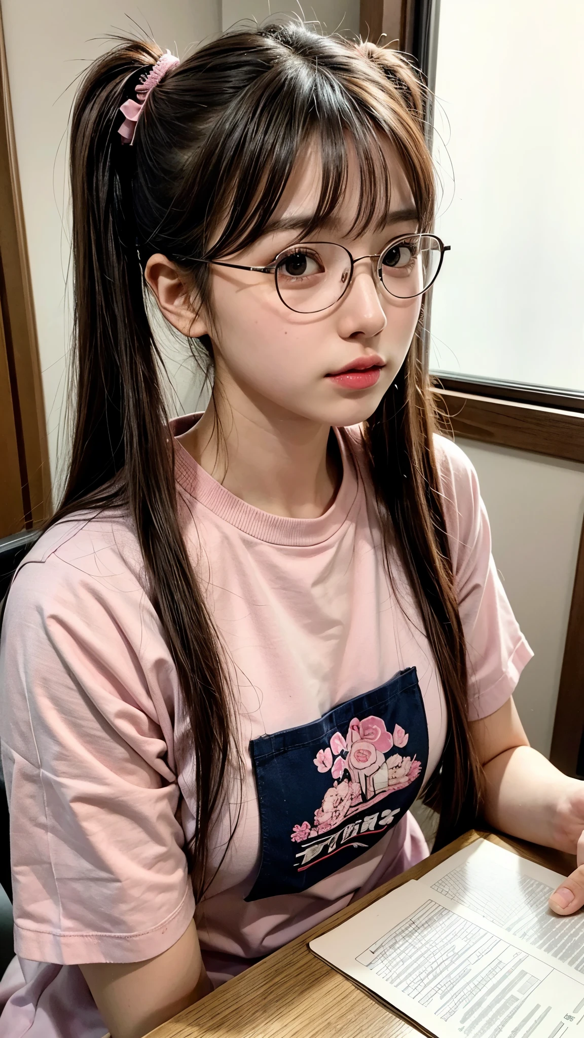 Best quality: 1.4, high resolution, perfect lighting, Japanese, 1 girl, glasses, twintails, pink t-shirt
