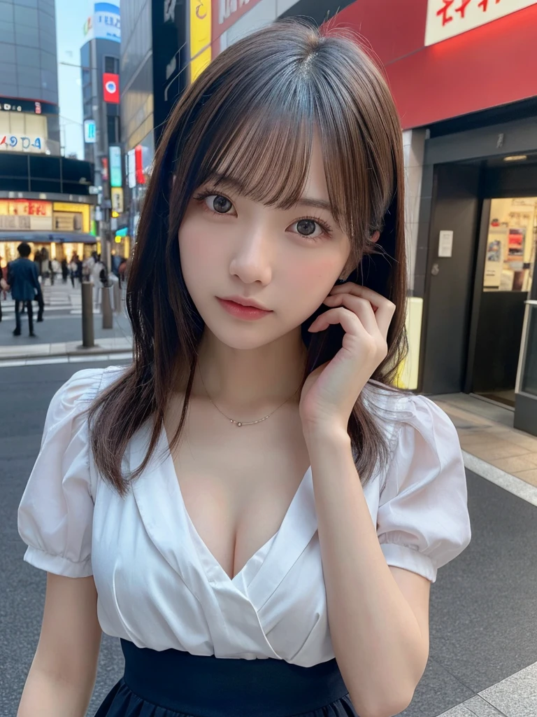 ((masterpiece), (high resolution 8K)), photo realistic, Japanese girl, stunning face, symmetrical clear eyes, detailed eyes and face, detailed body, shiny skin, detailed skin, 20yo, (erotic expression), looking at viewer, medium hair, camisole, mini-skirt, standing, hands on chest, thigh focus, from front, cafe in Tokyo, morning, blue sky, cinematic lighting