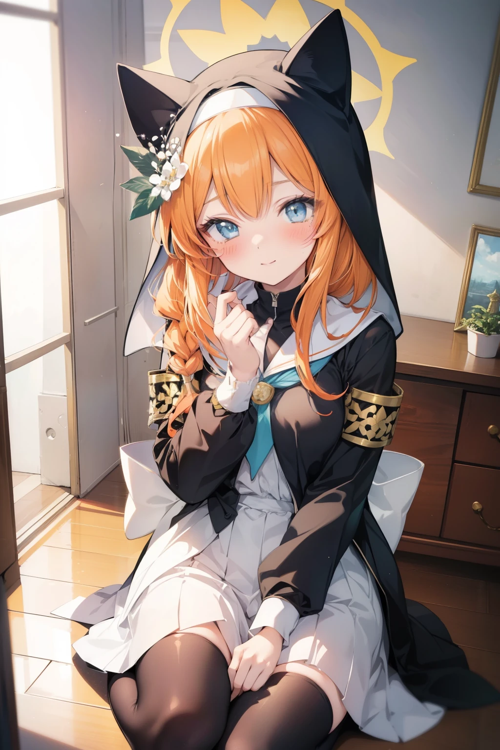 Marie Iraki、Good looking girl (blush, Perfect Face), independent , Looking at the camera, masterpiece, Anime art style, Cute Characters, Most detailed, high quality、Nico Nico Smile、Cat ear、Orange Hair、ta、Small breasts、uniform、Hooded、Association
