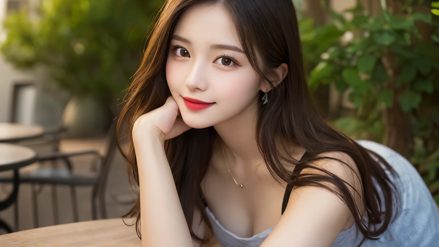 on the table, best quality, shape, Super detailed, Finely, high resolution, 8k wallpaper, 完璧なダイナミックな構shape, Beautiful and delicate eyes, Medium Length Hair, Small Breasts, Natural lipstick, Casual sexy pose,Smile,20 year old girl、midnight、Beautiful and detailed face、Perfect beautiful face,big eyes、original photo、Use the whole body to express the feminine posture、Beautiful and delicate eyes、Small face、Beautiful duplex、Facelift and style,skirt、Beautiful golden ratio face,Long hair