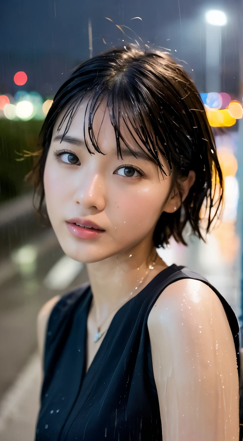 ((highest quality、masterpiece:1.3))、Sharp focus:1.2、(Realistic、Photorealistic:1.37)、Perfect beautiful woman、Highly detailed face and skin texture、Fine eyes and double eyelids、Short-cut hair that gets wet、 bust、Small Necklace、Sleeveless shirt that gets wet in the rain、Rainy nightのマンション屋上、Dark night rain clouds、City lights、Rainy night、