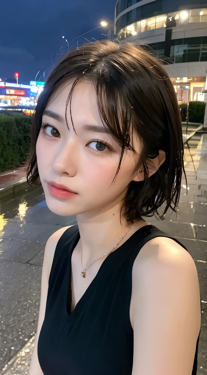 highest quality,RAW Photos , 19 year old Japanese female idol, From above , Face Focus , Face close-up ,
Selfie,Lying on the ground, Off-the-shoulder tops , Cold shoulder top , clavicle , Exposing shoulders ,Cleavage ,short hair, Bowl Cut ,Cute Face ,Edgy,Drooping ,clavicle,Muddy Waters , Overflowing ,Wet ,Selfie, Pale skin,At the Beach, rain,night,