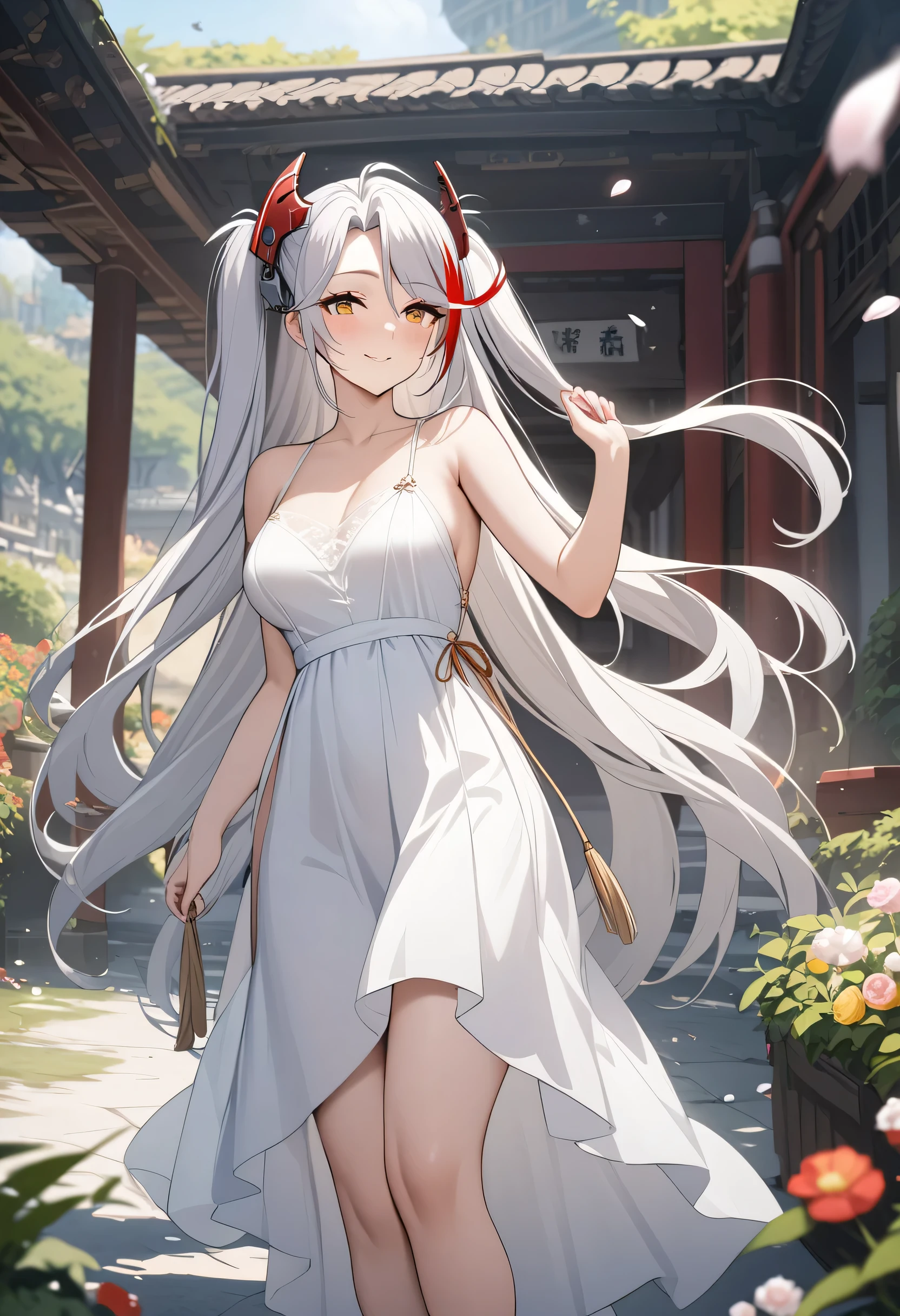 masterpiece, Great work, Daytime, Outdoor, Falling Flowers, White Dress, 1 girl, Perfect Woman, Prinz Eugen,Azur Lane, Delicate face, Graceful Face, Standing Bow, Tassel, The knot of happiness, smile