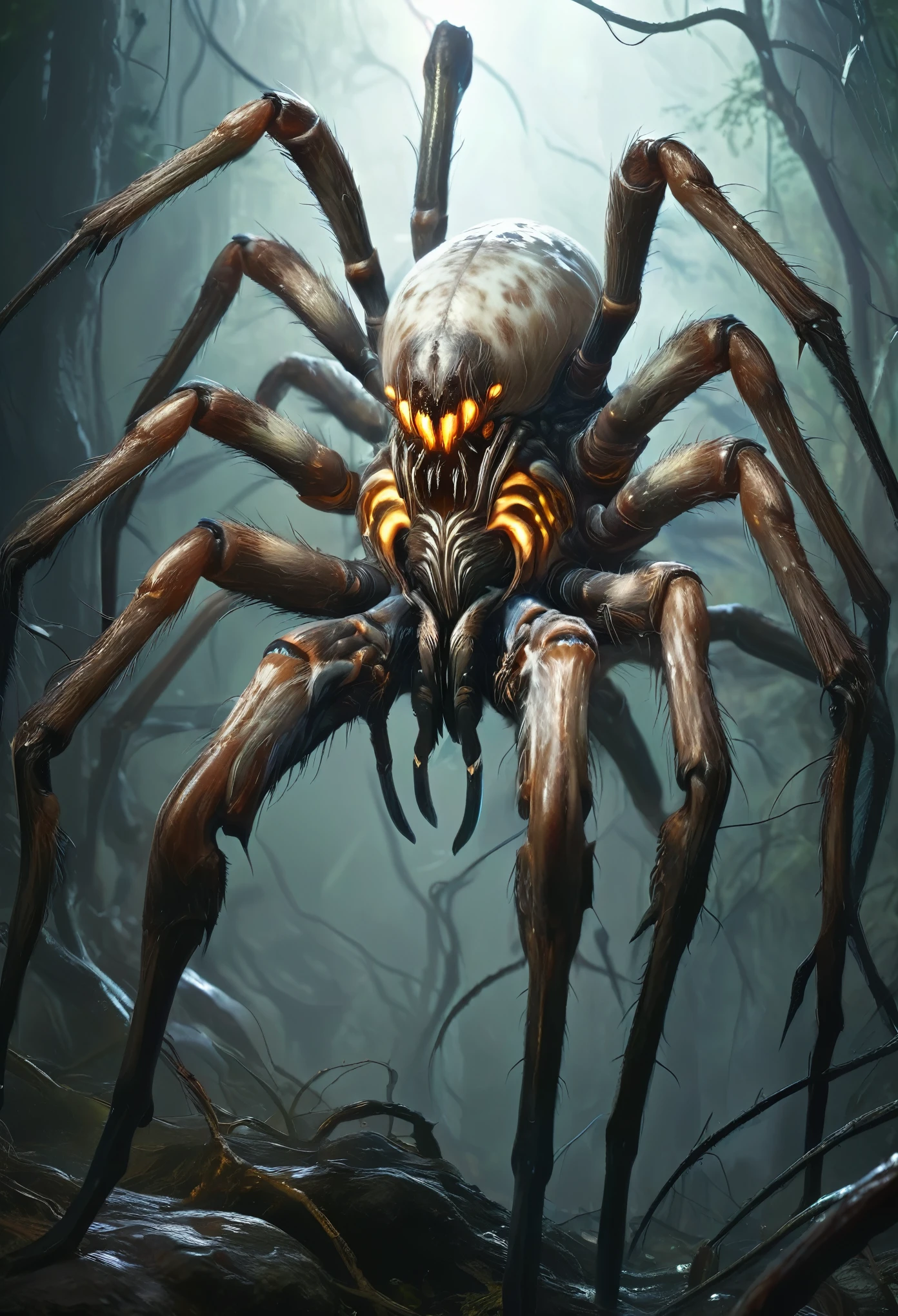 best quality,4k,8k,highres,masterpiece:1.2),ultra-detailed,realistic,photorealistic:1.37,this creature, a terrifying fusion of spider and human female with six arms, embodies a grotesque harmony of two distinct forms. Its upper body retains the unmistakable features of a woman, albeit distorted by the merging process. its eyes gleam with a sinister intelligence, more arachnid than human. (beautiful hair, white skin:1.3),

From the torso sprout four additional limbs, elongated and jointed like a spider's, yet retaining a disturbingly human fleshiness. These arms are equipped with fingers that end in sharp, chitinous claws, capable of rending flesh with ease.

The lower body is a fusion of spider and human anatomy, with the abdomen stretching out behind like that of a monstrous arachnid. Jagged spines protrude from its exoskeleton, each one a reminder of its unnatural origins. The legs, a grotesque combination of human thighs and spider's hairy appendages, provide both agility and strength, enabling it to skitter across surfaces with alarming speed and grace.

In its presence, one cannot help but feel a primal fear, as if staring into the abyss where human and arachnid merge to create a nightmare incarnate. white skin , white spider,