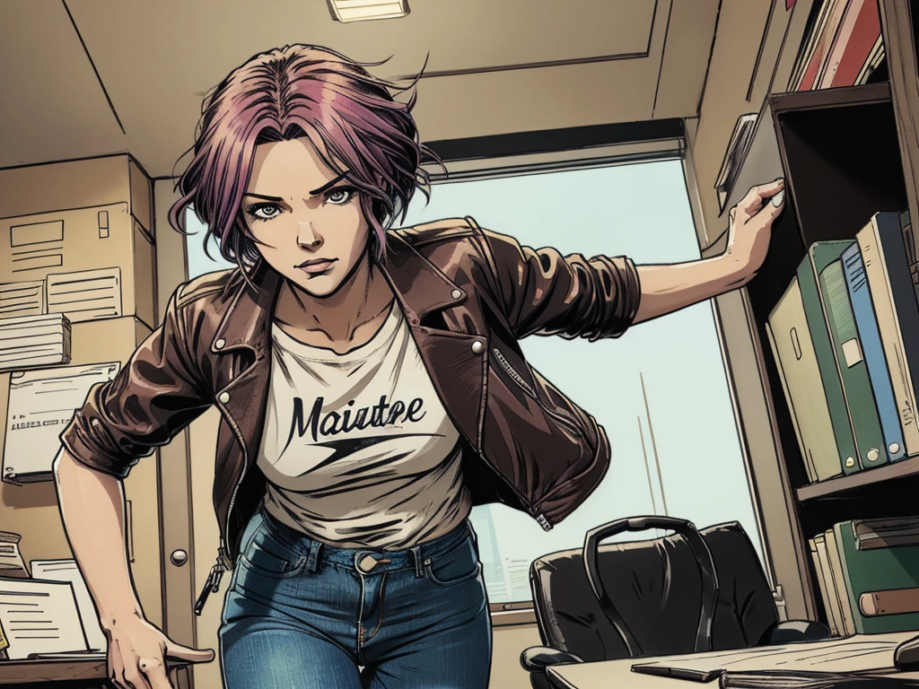 vector image, 2d cartoon,masterpiece, An anime woman, colored hair, in office, accountant:1.2, leather biker jacket, t-shirt, strong makeup, manage accounts, jeans