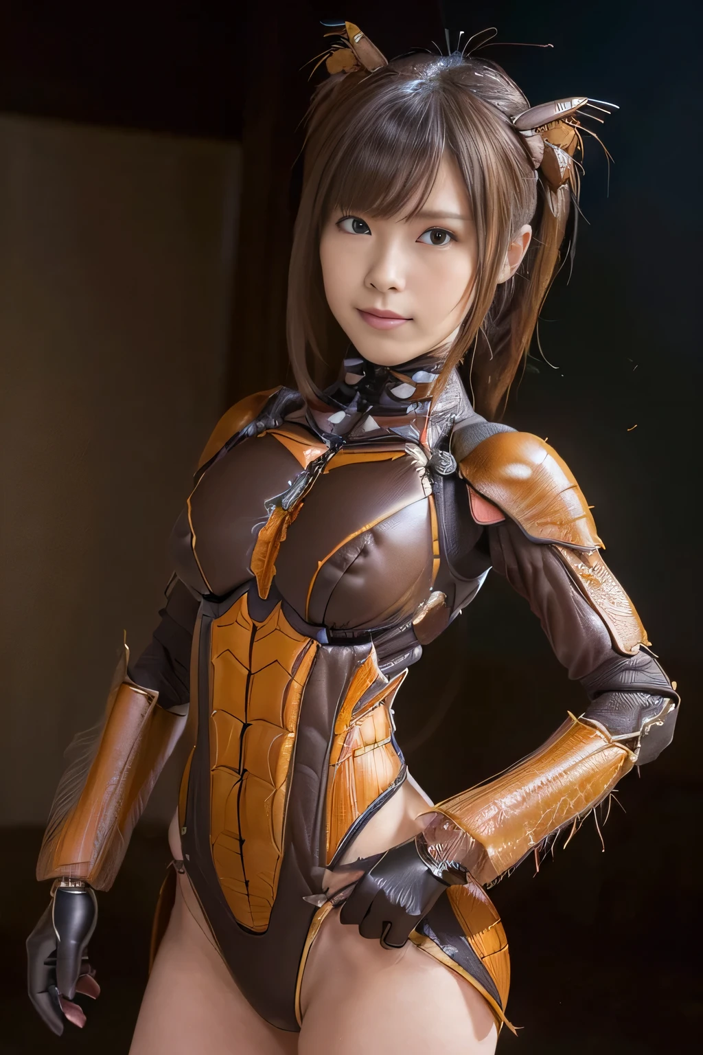 (high resolution,masterpiece,best quality,extremely detailed CG, anime, official art:1.4), realistic, photo, amazing fine details, all intricate, gloss and shiny,awesome many layers, 8k wall paper, 3d, sketch, kawaii, illustration,( solo:1.4), perfect female proportion,villainess, (fusion of dark brown cockroach and lady:1.4), (brown cockroach form lady:1.2), (brown cockroach lady:1.2), (fusion:1.2), (solo:1.4), (evil smile:1.2), muscular, abs, (cockroach brown exoskeleton bio insect suit:1.4), (cockroach brown exoskeleton bio insect armor:1.2), (brown transparency cockroach wing:1.4), (brown cockroach antennae:1.3),