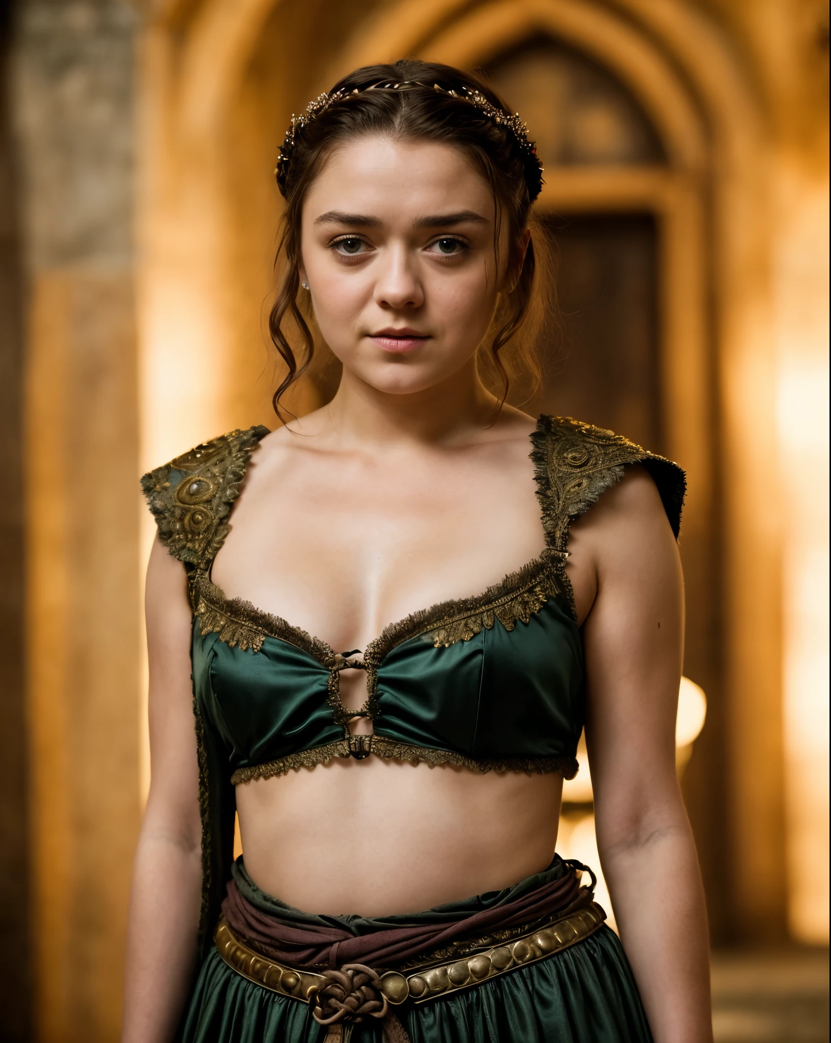 Foto RAW, Arya Stark, Extremely gorgeous lady, Arya Stark PLAYED BY MAISIE WILLIAMS, Queen Arya Stark, she  a mature woman now, milf, sexy mediaeval battle dress, gladiator woman, body, 40 years old Woman, body revealing costumes, perky breast, big natural breast, erotic costumes, lusty physique, seductive figure can capture every people's attention, Game of thrones costumes, revealing captivating figure, Mediaeval costumes, revealing clothes, A tomboy, she would rather fence than dance, warrior queen , game of thrones screen caps, Game of Thrones Series, (pele altamente detalhada: 1.2), 8k UHD, DSLR, soft-lighting, alta qualidade, grain of film, Fujifilm XT3, flawless picture, highly detailed, detailed Beauty, intricate, 32k, sharp picture,