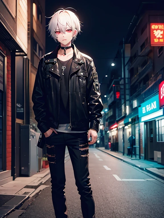 night　Downtown alley　Neon lights are shining　His clothes are splattered with blood.　insanity　White Hair　Red eyes　Multiple piercings　He also has eyebrow piercings　bloodstains on the ground　There&#39;s blood on my cheek　Handsome　youth　In his right hand he holds a bloody knife　Complementary Color　Mysterious atmosphere　Bright colors　choker　Has a tattoo on his neck　Wearing a hood　Smiling with teeth showing　detestable　Fluorescent color　Corpses are lying around