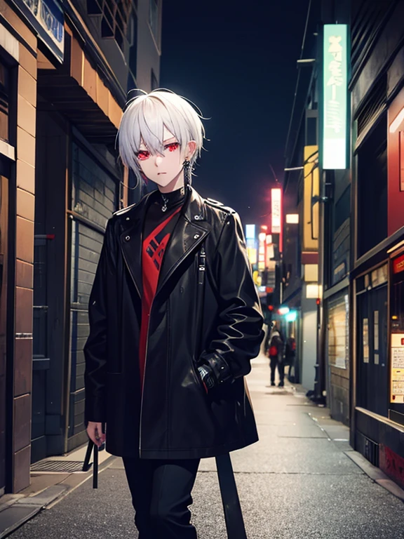 night Downtown alley Neon lights are shining His clothes are splattered with blood. insanity White Hair Red eyes Multiple piercings He also has eyebrow piercings bloodstains on the ground There's blood on my cheek Handsome youth In his right hand he holds a bloody knife Complementary Color Mysterious atmosphere Bright colors choker Has a tattoo on his neck Wearing a hood Smiling with teeth showing detestable Fluorescent color Corpses are lying around