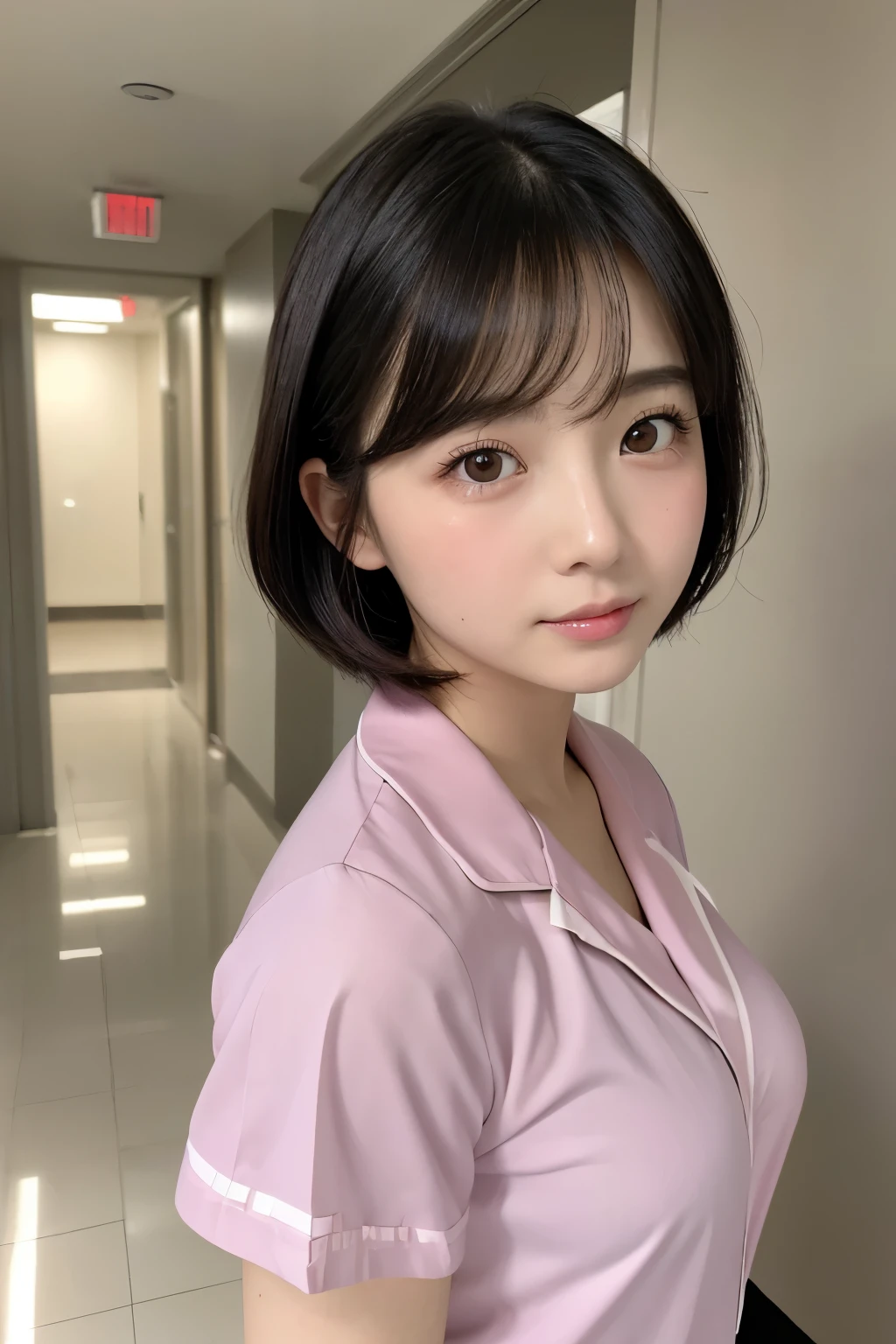 (1 Girl)、(Beautiful Japanese、18years old,round face、Refreshing、clear、seems kind、stylish、Pitiful、cute like an angel、cute、black eyes、,actress,Almond-shaped eyes), Good style , (Beautiful big breasts:1.0),(soft breasts),(very cute),(Black hair),(short bob hair),(enchanting eyes),(highlight on eyes:1.2)、(8K、Live shooting、highest quality、masterpiece:1.2、optimal lighting)、((masterpiece)),(Photo taken by a professional photographer),(real、photo real:1.4),break,{ (pink nurse costume),(((taraditional nurse uniform))),(pink nurse mini skirt),(( pantyhose)),(cleavage:0.7)},(Crying jaw:1.3),(cheeks are red:1.2), break, break,Hospital,Face shot:1.3、Hospital corridor、Looking at viewer, face close-up,from below