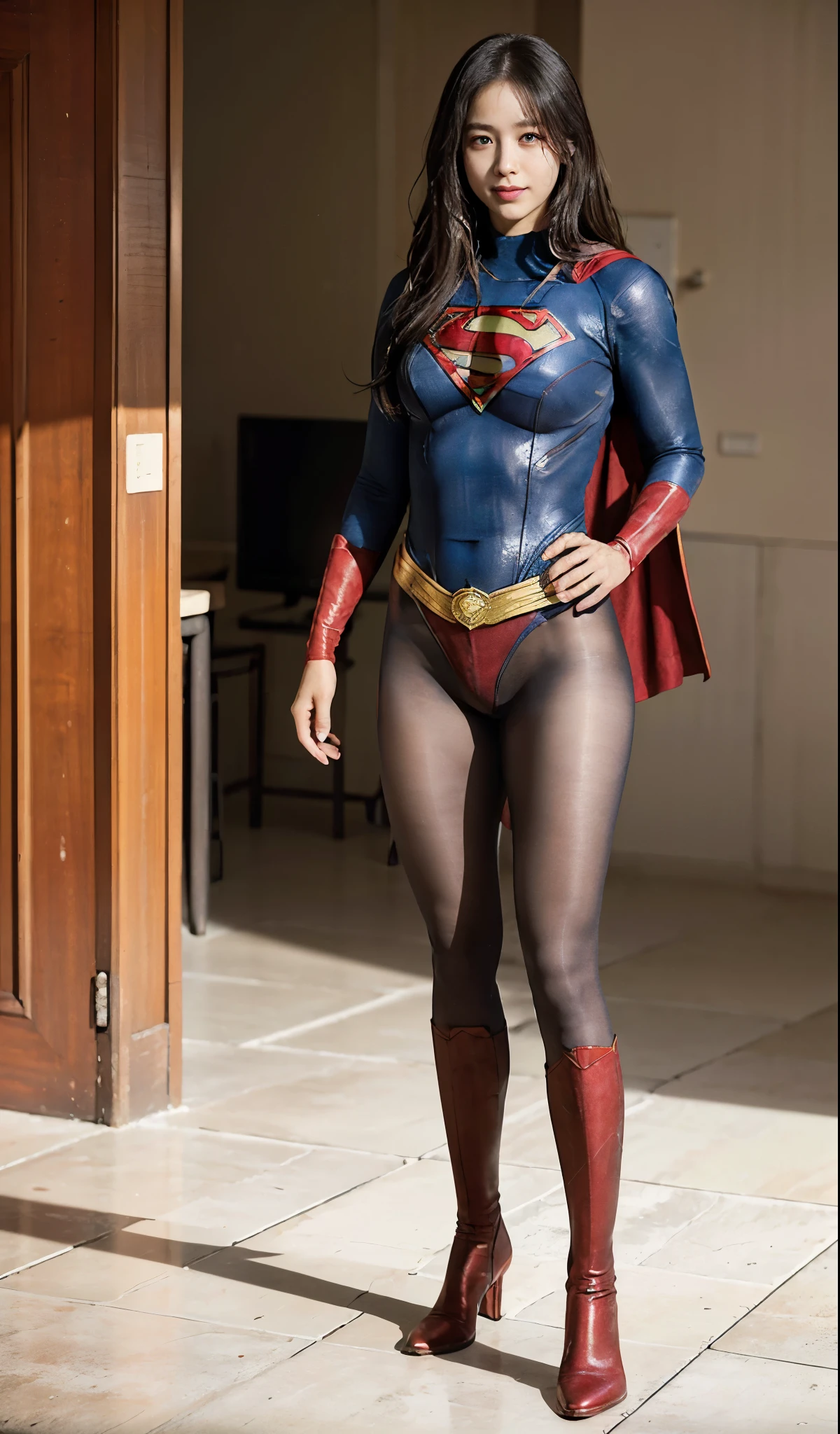 No background、(((Beautiful legs in black tights.)))、(((Legally express the beauty of your smile)))、((((Make the most of your original images)))、(((Supergirl Costume)))、(((Beautiful Hair)))、(((suffering)))、(((Please wear black tights....、Wear red boots)))、((Best image quality、8K))、((highest quality、8K、masterpiece:1.3))、(((Preserve background )))、Sharp focus:1.2、Beautiful woman with perfect figure:1.4、Thin abdominal muscles:1.2、Wet body:1.5、Highly detailed face and skin texture、8K