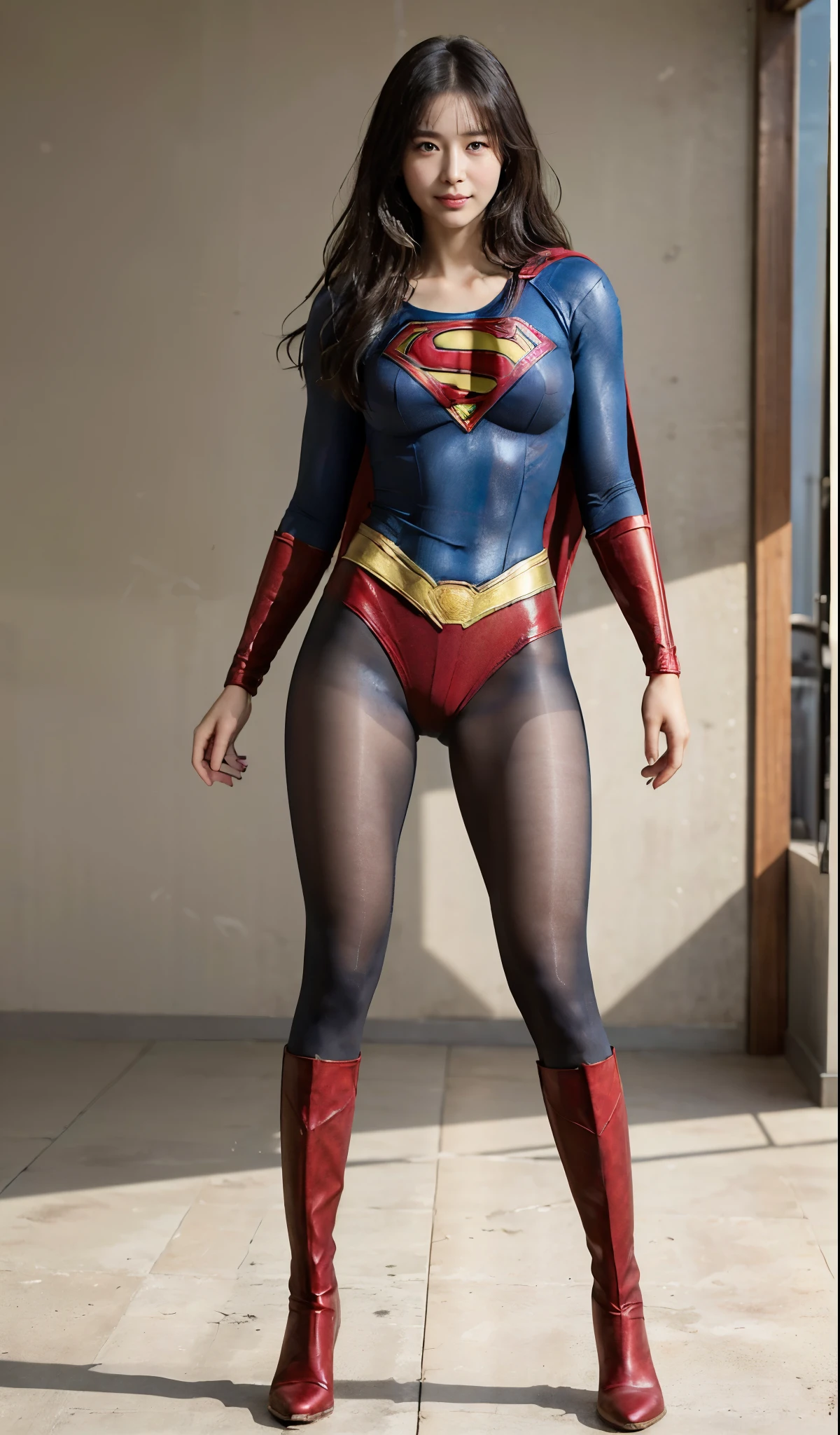 No background、(((Beautiful legs in black tights.)))、(((Legally express the beauty of your smile)))、((((Make the most of your original images)))、(((Supergirl Costume)))、(((Beautiful Hair)))、(((suffering)))、(((Please wear black tights....、Wear red boots)))、((Best image quality、8K))、((highest quality、8K、masterpiece:1.3))、(((Preserve background )))、Sharp focus:1.2、Beautiful woman with perfect figure:1.4、Thin abdominal muscles:1.2、Wet body:1.5、Highly detailed face and skin texture、8K