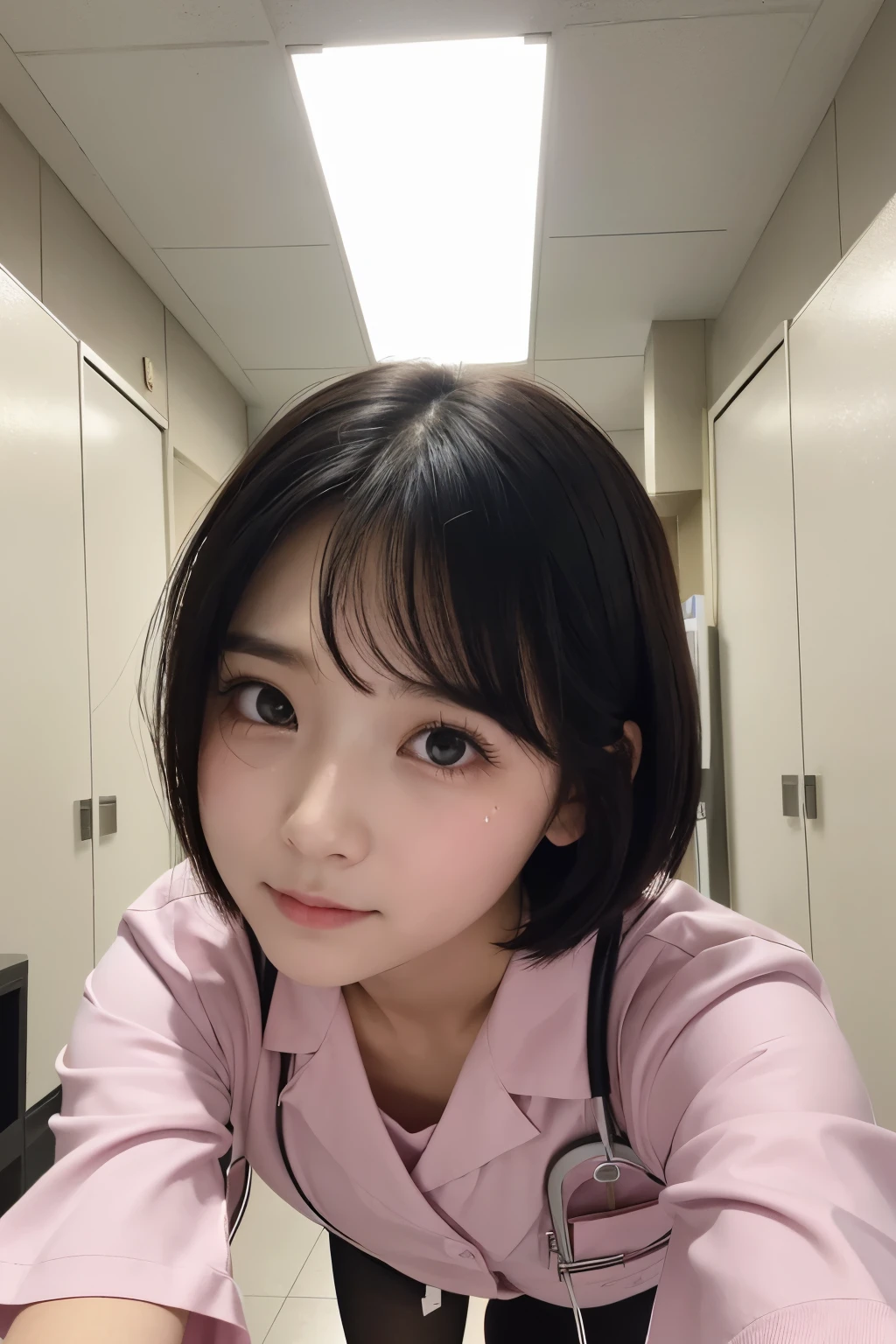 (1 Girl)、(Beautiful Japanese、18years old,round face、Refreshing、clear、seems kind、stylish、Pitiful、cute like an angel、cute、black eyes、,actress,Almond-shaped eyes), Good style , (Beautiful big breasts:1.0),(soft breasts),(very cute),(Black hair),(short bob hair),(enchanting eyes),(highlight on eyes:1.2)、(8K、Live shooting、highest quality、masterpiece:1.2、optimal lighting)、((masterpiece)),(Photo taken by a professional photographer),(real、photo real:1.4),break,{ (pink nurse costume),(((taraditional nurse uniform))),(pink nurse mini skirt),(( pantyhose)),(cleavage:0.7)},(Crying jaw:1.3),(cheeks are red:1.2), break, break,Hospital,Face shot:1.3、Hospital corridor、Looking at viewer, face close-up,from below