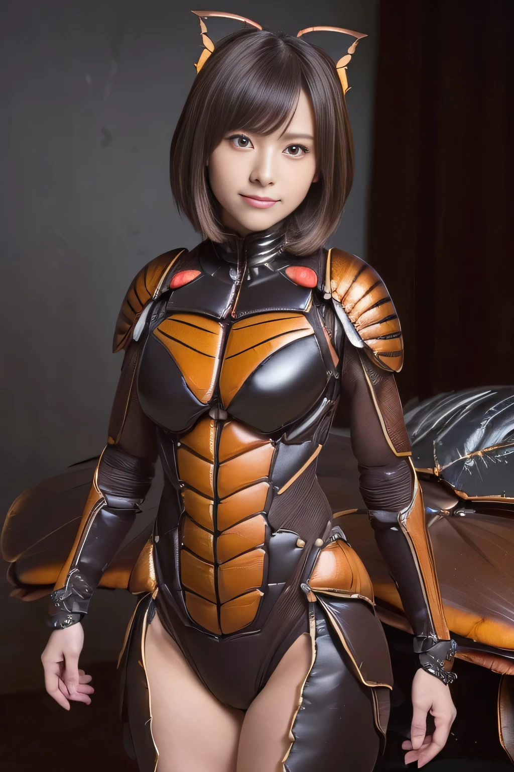 (high resolution,masterpiece,best quality,extremely detailed CG, anime, official art:1.4), realistic, photo, amazing fine details, all intricate, gloss and shiny,awesome many layers, 8k wall paper, 3d, sketch, kawaii, illustration,( solo:1.4), perfect female proportion,villainess, (fusion of dark brown cockroach and lady:1.4), (brown cockroach form lady:1.2), (brown cockroach lady:1.2), (fusion:1.2), (solo:1.4), (evil smile:1.2), muscular, abs, (cockroach brown exoskeleton bio insect suit:1.4), (cockroach brown exoskeleton bio insect armor:1.2), (brown transparency cockroach wing:1.4), (brown cockroach antennae:1.3),