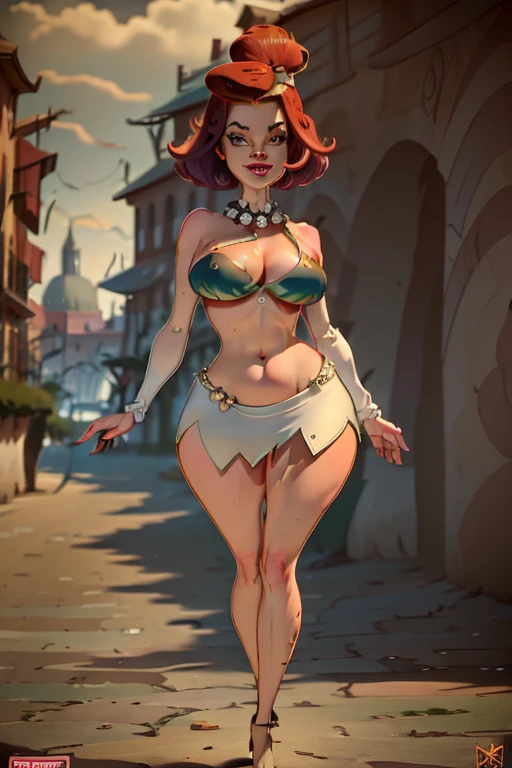 Beautiful milf, cara detallada perfectamente, ojos, slim and curvy body big and heavy tits thin waist wide hips long and shapely legs walking along the canal bank, sexy naughty smile and highly detailed city landscape with 12k resolution