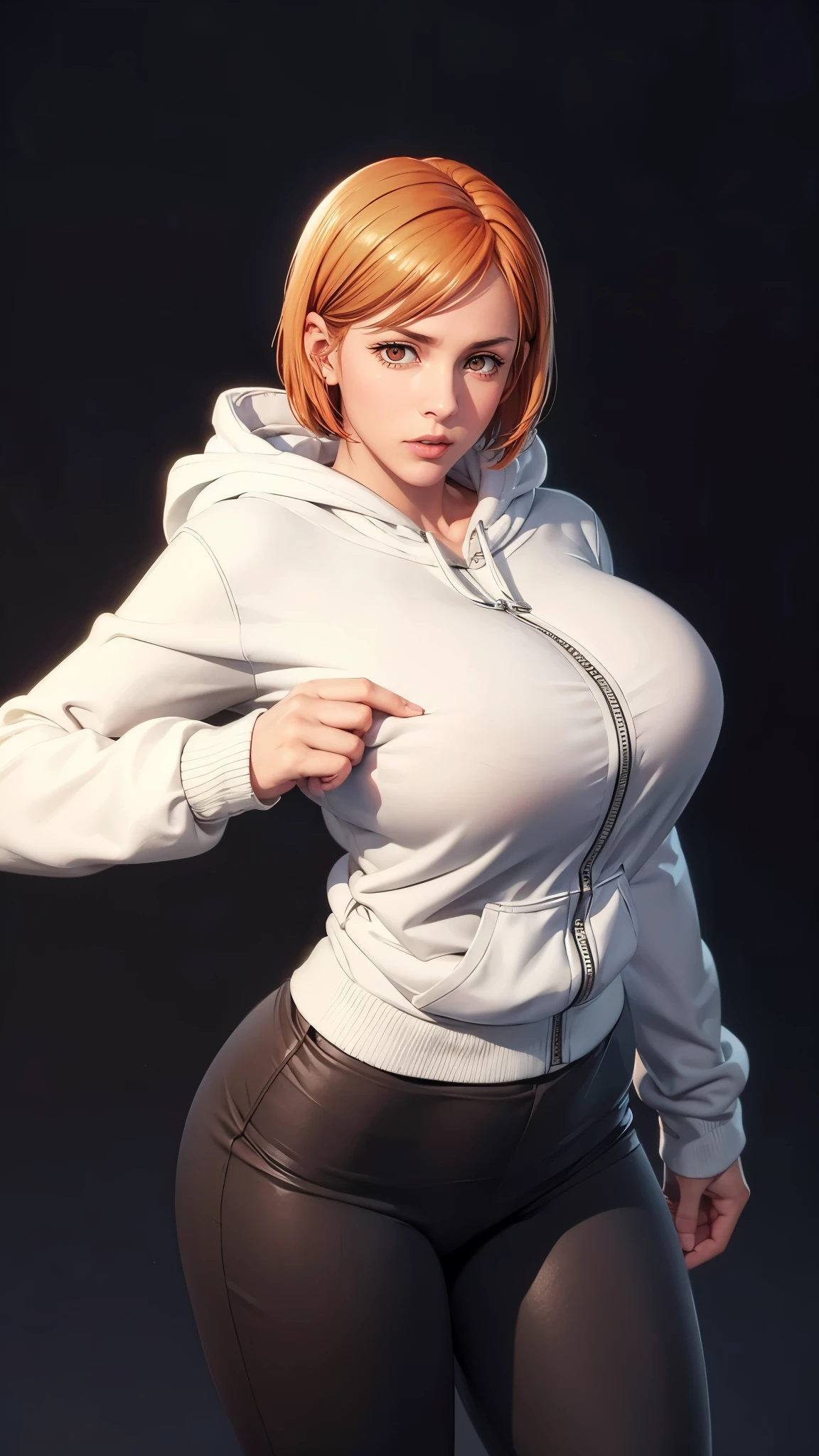 （（（完美figure，figure，solo， （（（A white hoodie jacket with a deep blue pattern on the shoulders, black pants, and white sneakers ））），（（（nobarakugisakinova，Orange eyes，orange short hair））），((masterpiece)),high resolution, ((Best quality at best))，masterpiece，quality，Best quality，（（（ Exquisite facial features，Looking at the audience,There is light in the eyes，(（（lol，confidence））)，））），型figure:1.7））），（（（Light and shadow，Huge breasts））），（（（Looking at the camera，black background，）））